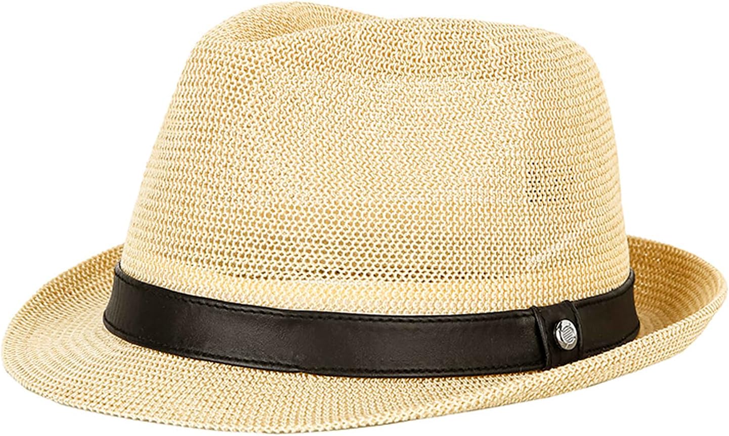 Men's Fedora Hat with UV Protection Breathable Paper Straw Trilby Short Brim Summer Sun Hat for Outdoor Travel Casual Style