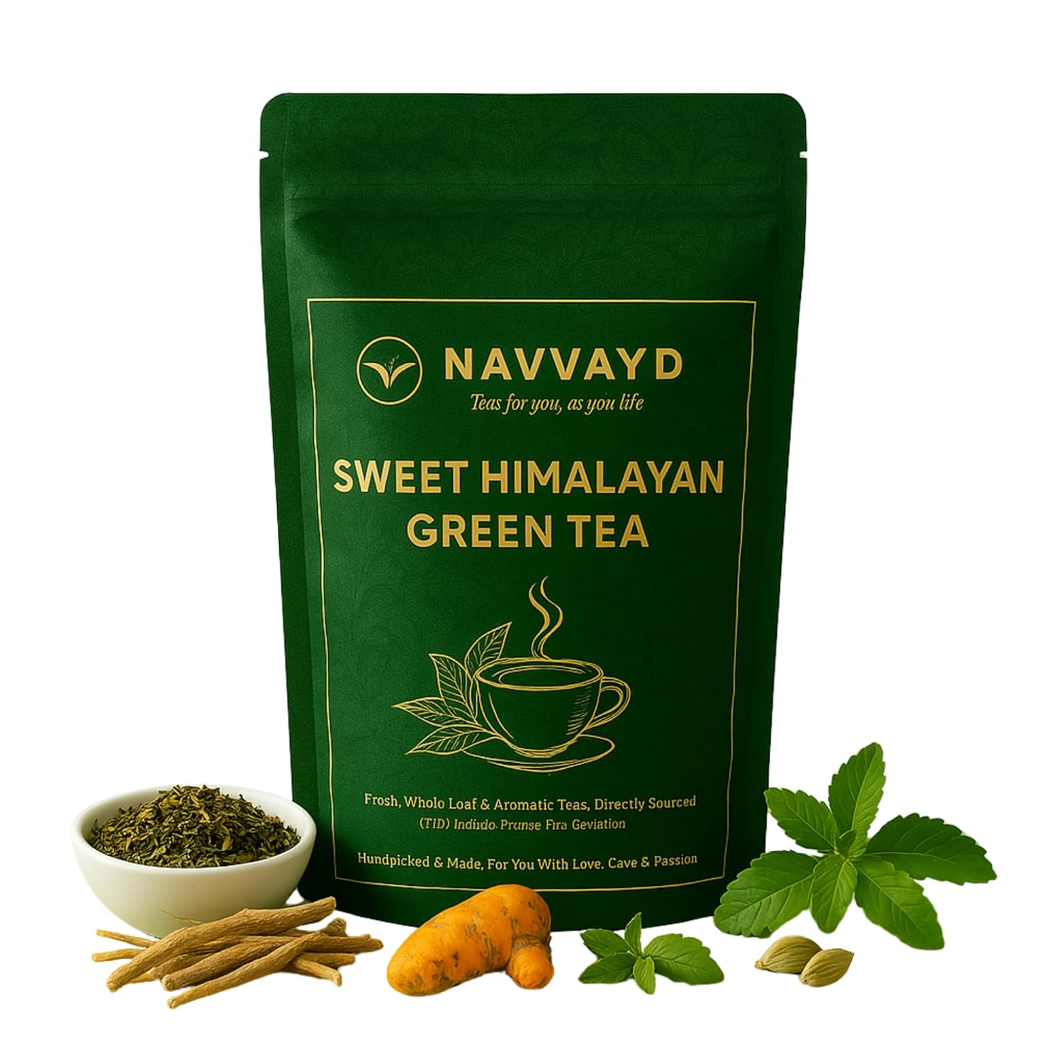 NAVVAYD Sweet Himalayan Green Tea (3.52 Oz / 100 Gm), With Ashwagandha, Shatavari, Stevia, Turmeric & Cardamom, Loose Leaf