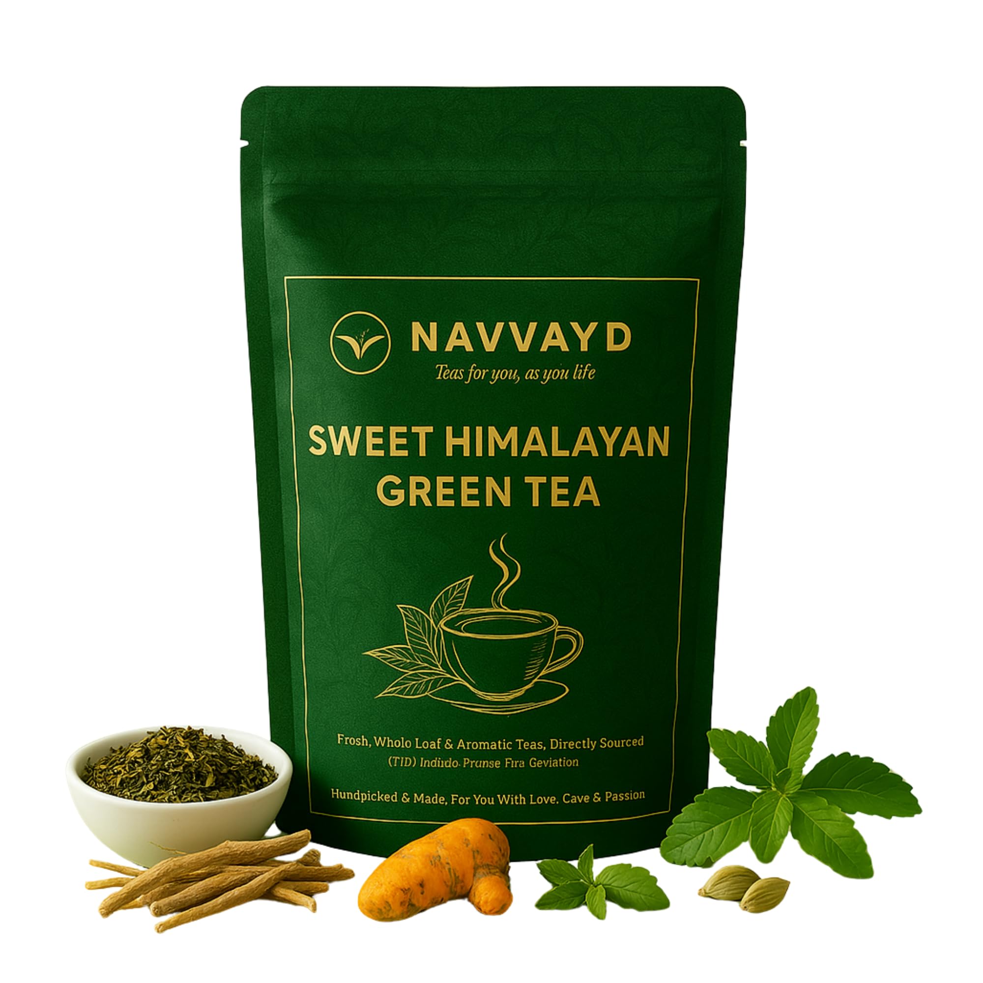 NAVVAYD Sweet Himalayan Green Tea | Loose Leaf | Ashwagandha | Shatavari | Turmeric & Cardamom | 3.52 Oz (100g) | Assam Tea | Organic leaves | Herbal | Daily Energy