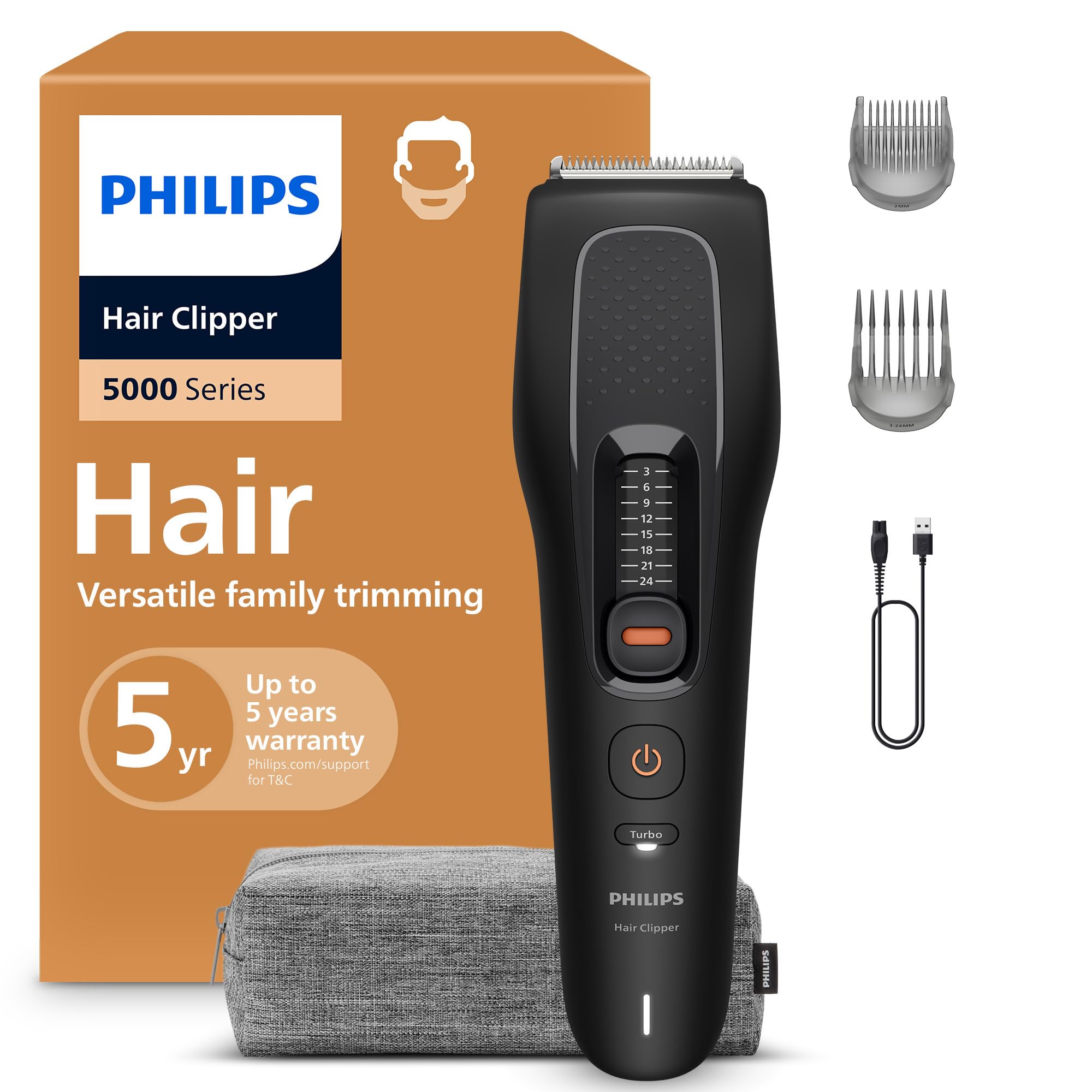 Philips Hair Clipper 5000 Series − Hair Trimmer for Men & Women, Self-Sharpening Steel Blades, 10 Length Settings in 3 mm Steps, Trim and Flow Comb, Up to 75 Min. Runtime, Model HC5721/15