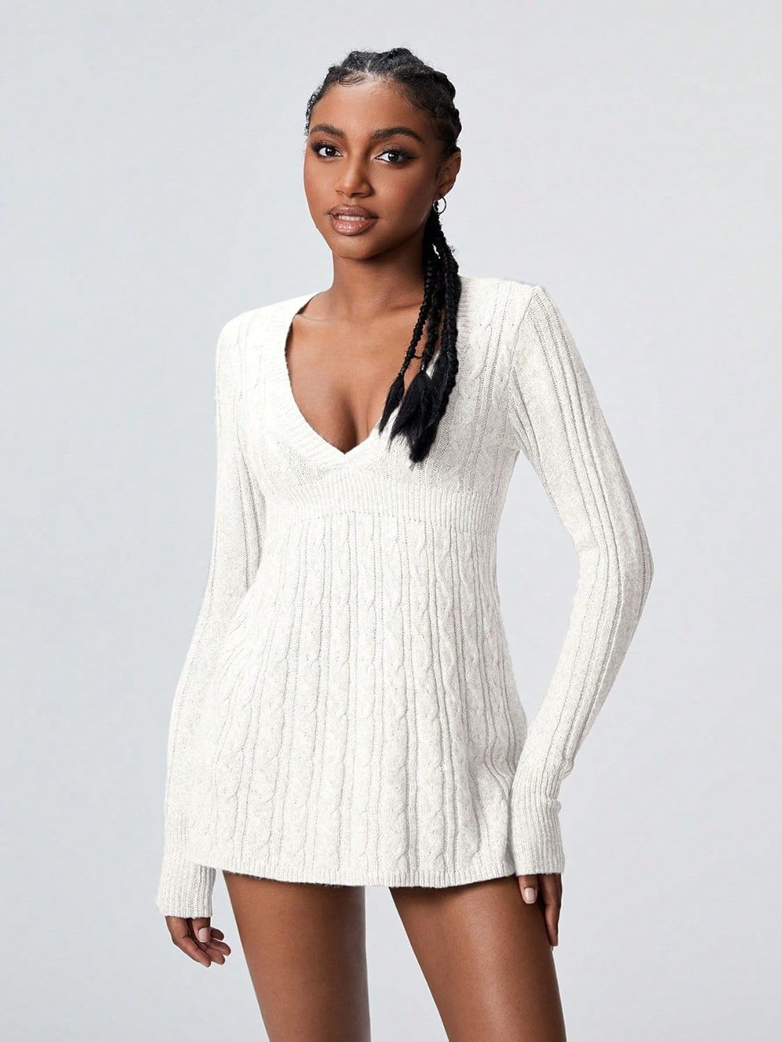 SKAYS Women's 2025 Fitted V Neck Cable Knit Fall Sweater Cozy Pullover Long Sleeve Thick Winter Tunic Shirt Top - Image 3