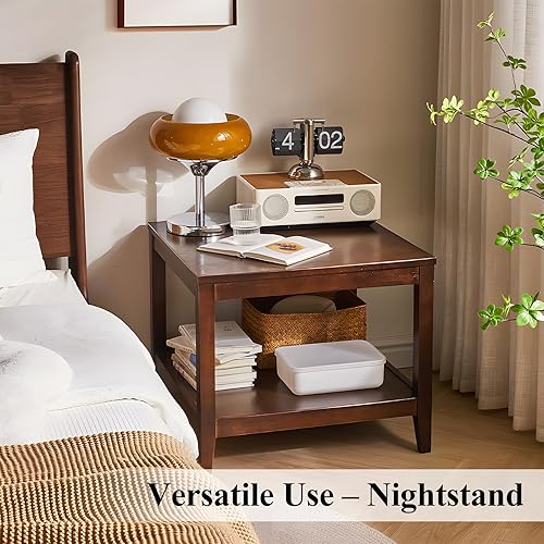 Miniatura 8 de Mesa auxiliar, mesa auxiliar cuadrada de madera maciza con estante de almacenamiento, mesa auxiliar de 2 niveles para sala de estar, mesa de sofá