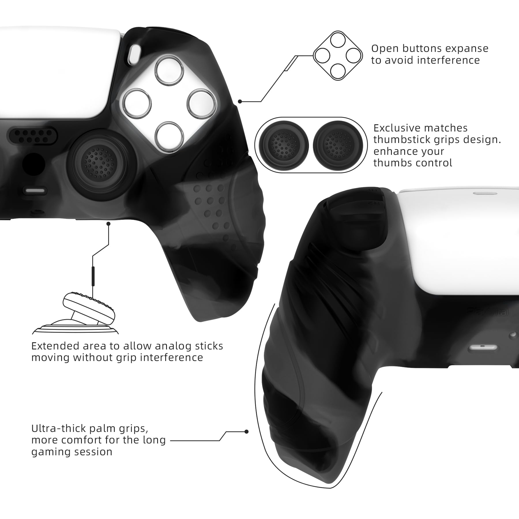 eXtremeRate PlayVital Silikonowe Etui Ochronne do ps5 Kontrolera,Ergonomiczne Obudowy do ps5,Pokrowiec Ochraniacze do ps5 z Nakładkami na Kciuki,Skórki do ps5-Ciemny Szary i Czarny(Guardian Edition)