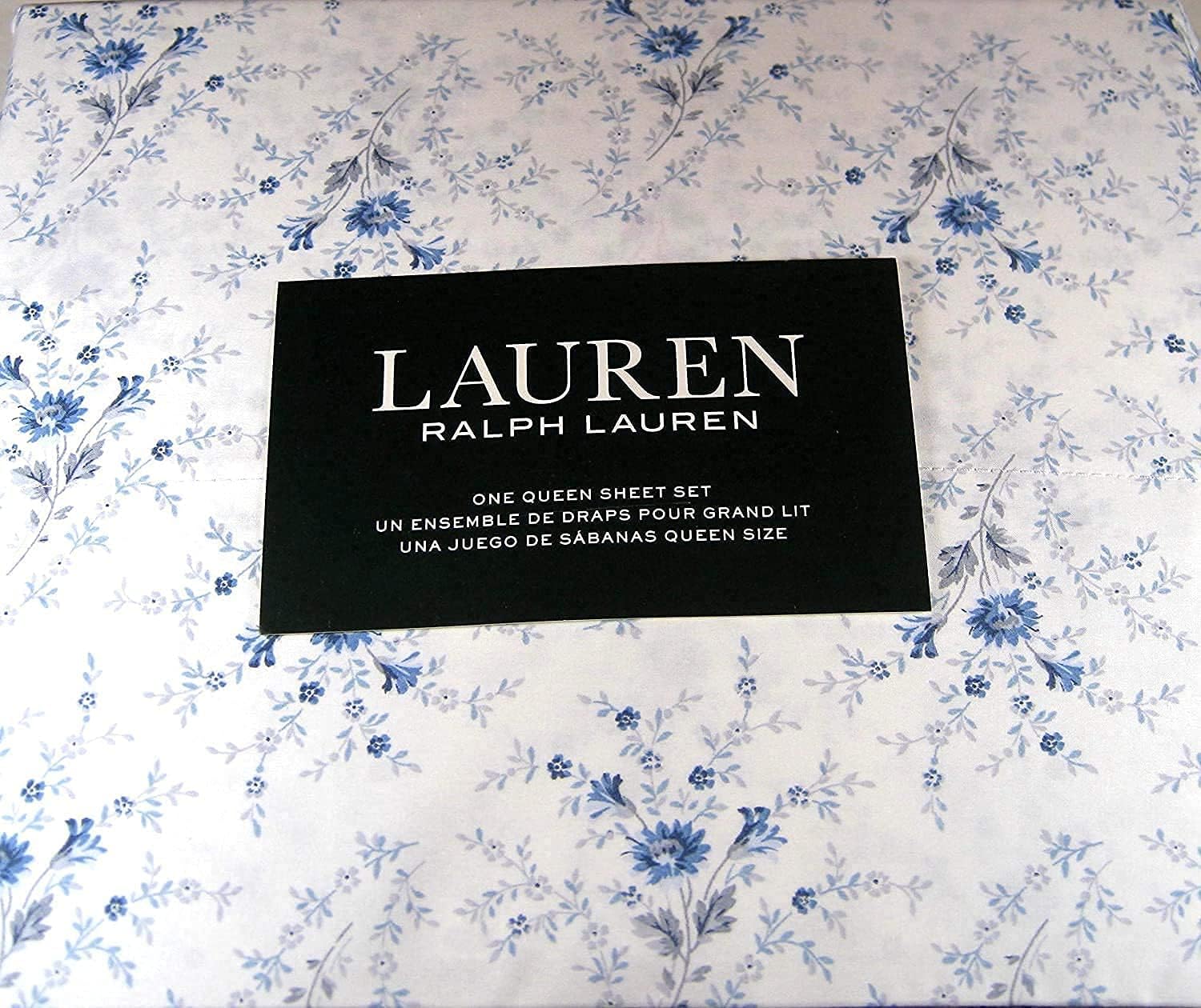 Lauren Ralph Lauren Queen Cottage Floral Sheet Set Cotton Blue and White