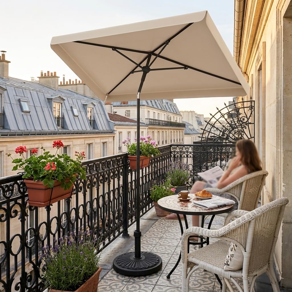 RELAX4LIFE Petit Parasol de Balcon Rectangulaire 213x140 cm, Inclinable à 30° & Pliable, Protection UV50+, Parasol de Plage avec Sac, Mât Ø28mm Clipsable sur Balcon, Gain de Place pour Terrasse