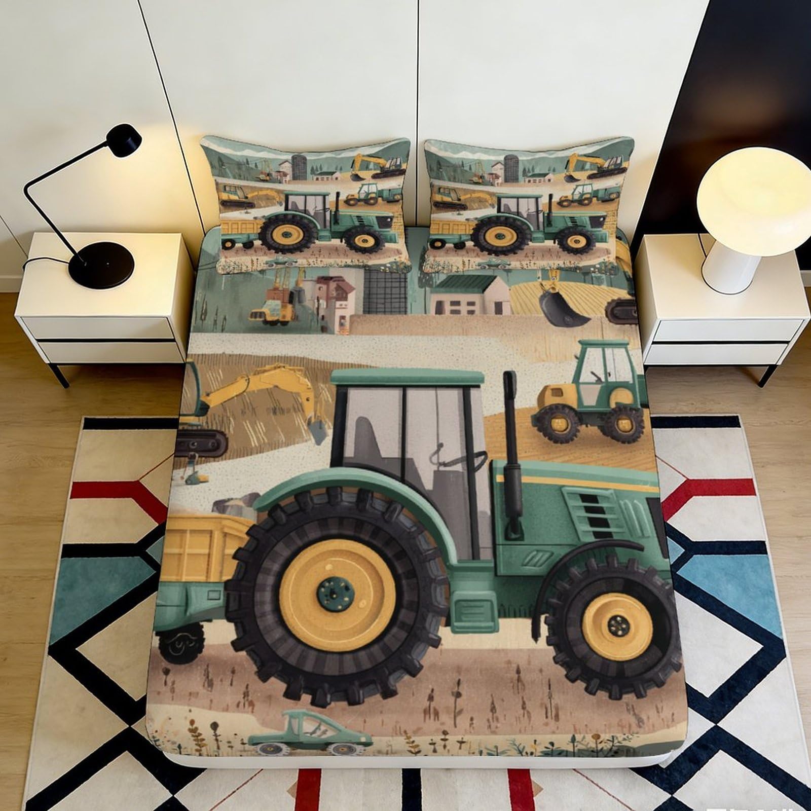 3D Printed Green Tractor Fitted Sheet Microfiber Soft Farm Vehicle Mattress Cover for Bedroom Guest Room Dormitory 140x200x25cm