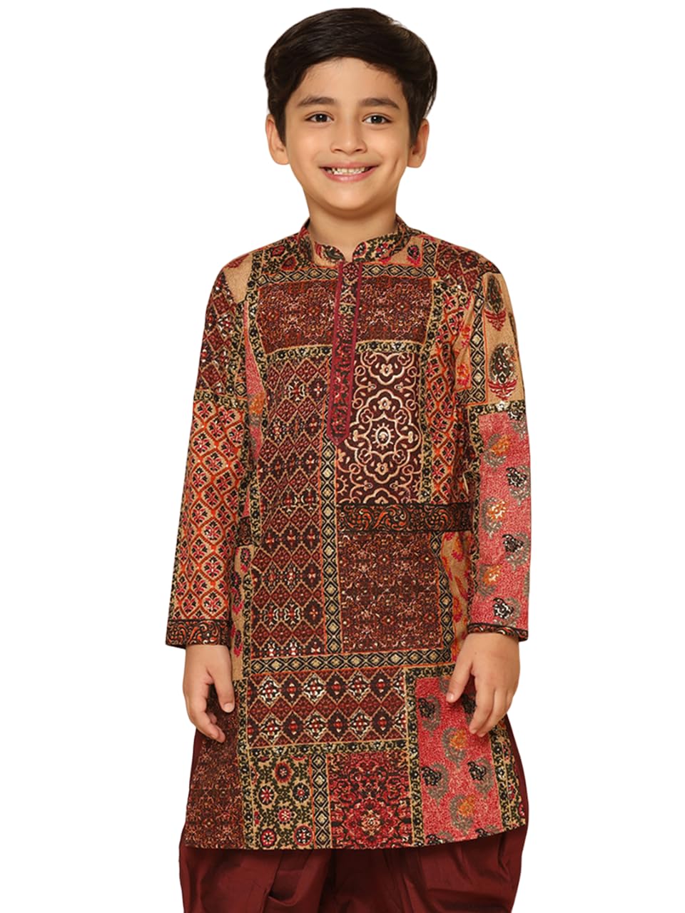 Kisah Kid's Cotton Full Sleeves Regular Fit Knee Length Abstract Maroon Multi Kurta (3-4Y)