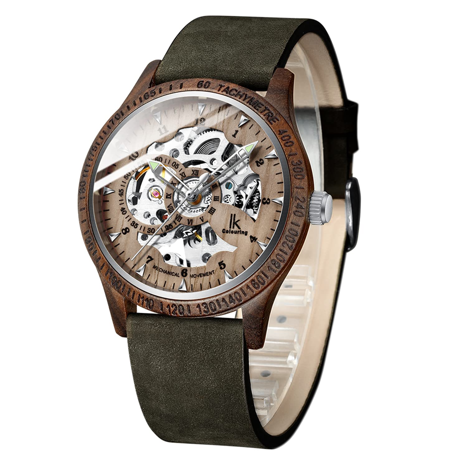 IK COLOURING Mens Analog Watches Luxury Mechanical Wooden Case Skeleton Lumious Automatic Self-Winding Lightweight Genuine Leather Bracelet/Wood Band Wrist Watch, Grey, Mechanical,Self-Winding (B07L81MKPR) Amazon Price History, Amazon Price Tracker