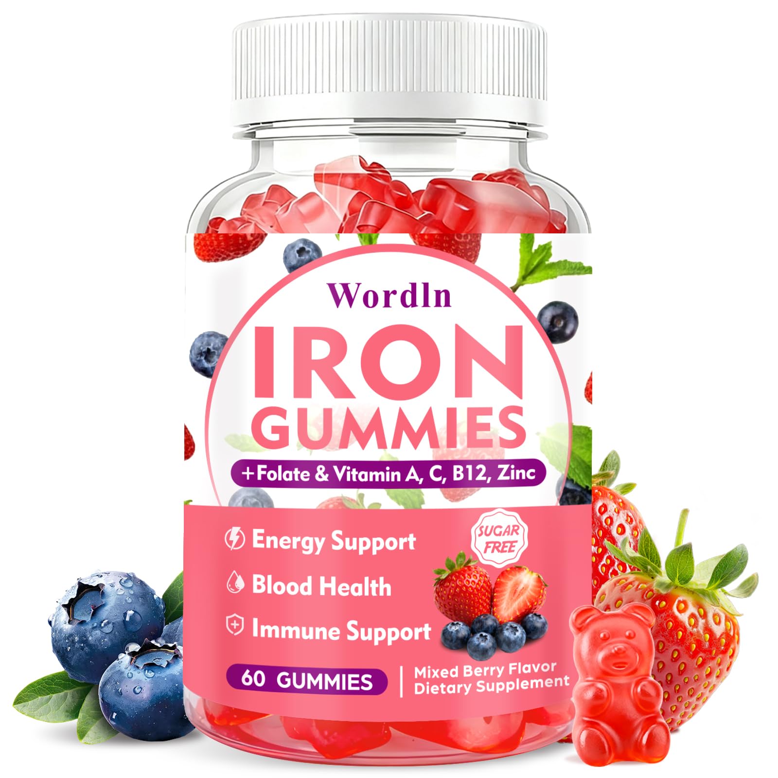 Iron Gummies for Women, Men & Kids for Energy Support & Immune Health 60 Count (Pack of 1)