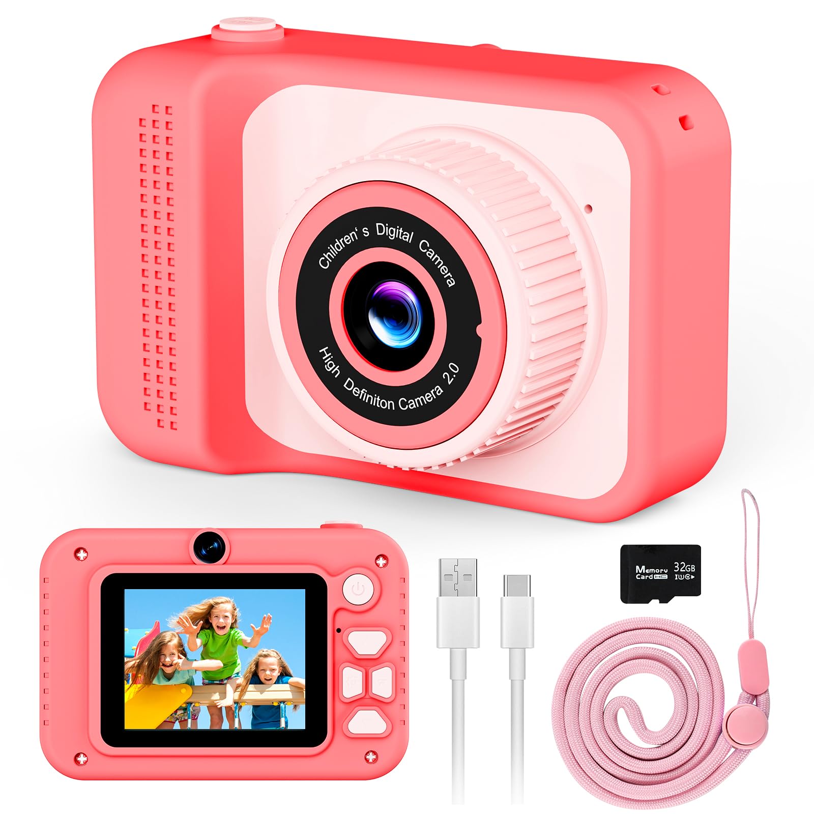 Kids Camera, 1080P Portable HD Digital Camera with 32G SD Card, Best Party Toys Birthday Gifts for Boys Girls 5 6 7 8+ Year Old - Pink