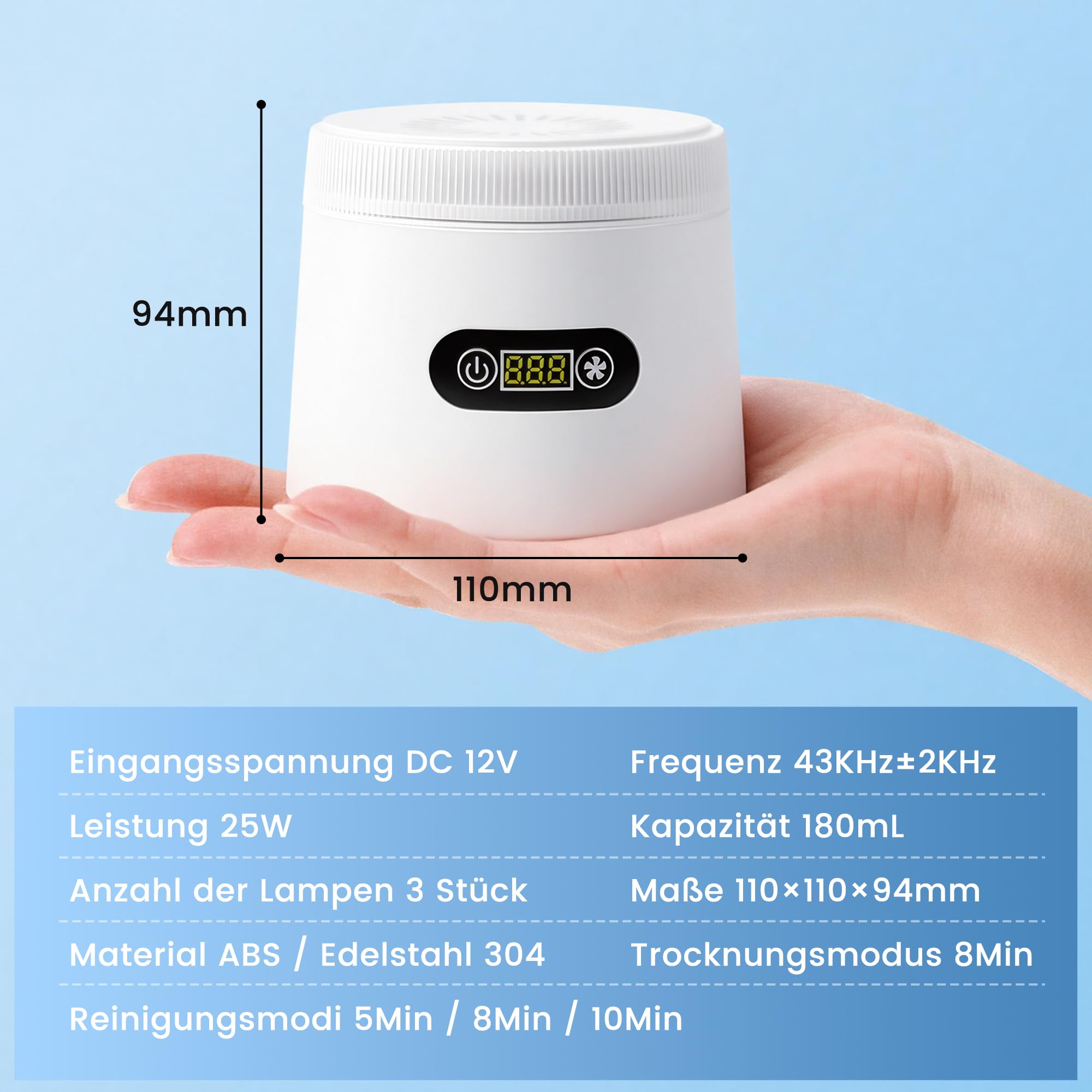 Dispositivo de limpieza por ultrasonidos para dientes (43 kHz, UV, con ventilador, 180 ml) | Secado rápido, limpieza suave, para dentaduras postizas, para joyas, vaina dental