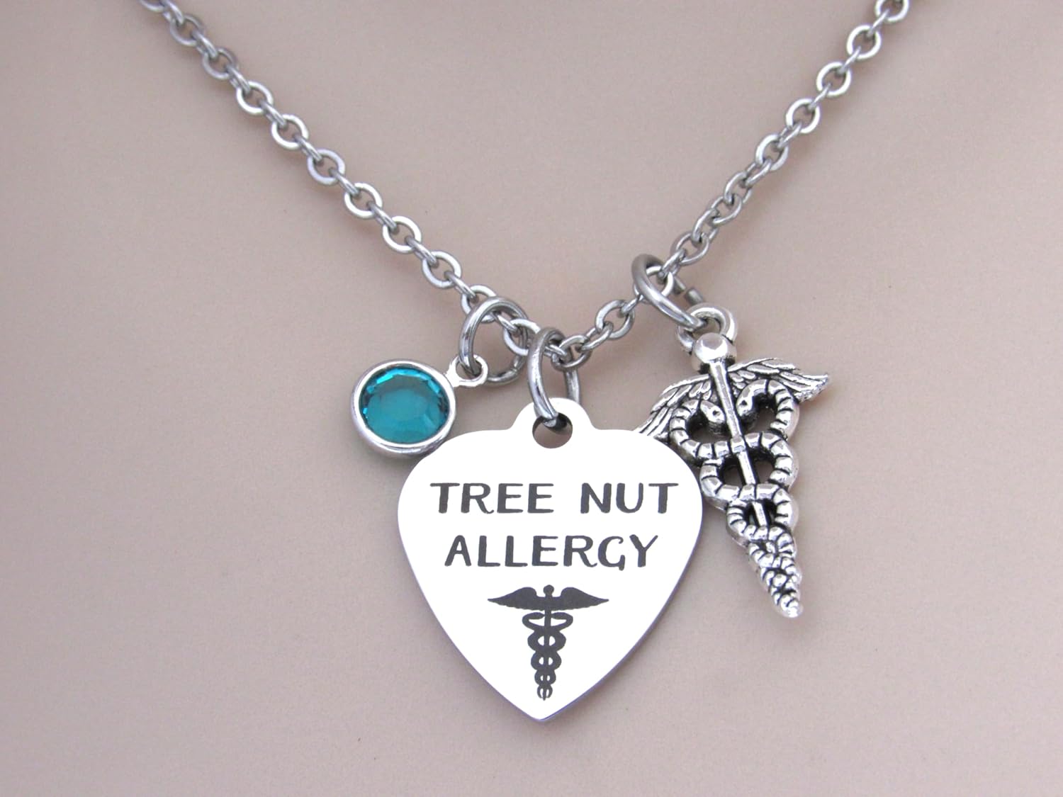 Tree Nut Allergy Necklace with Birthstone, Medical Awareness Jewelry