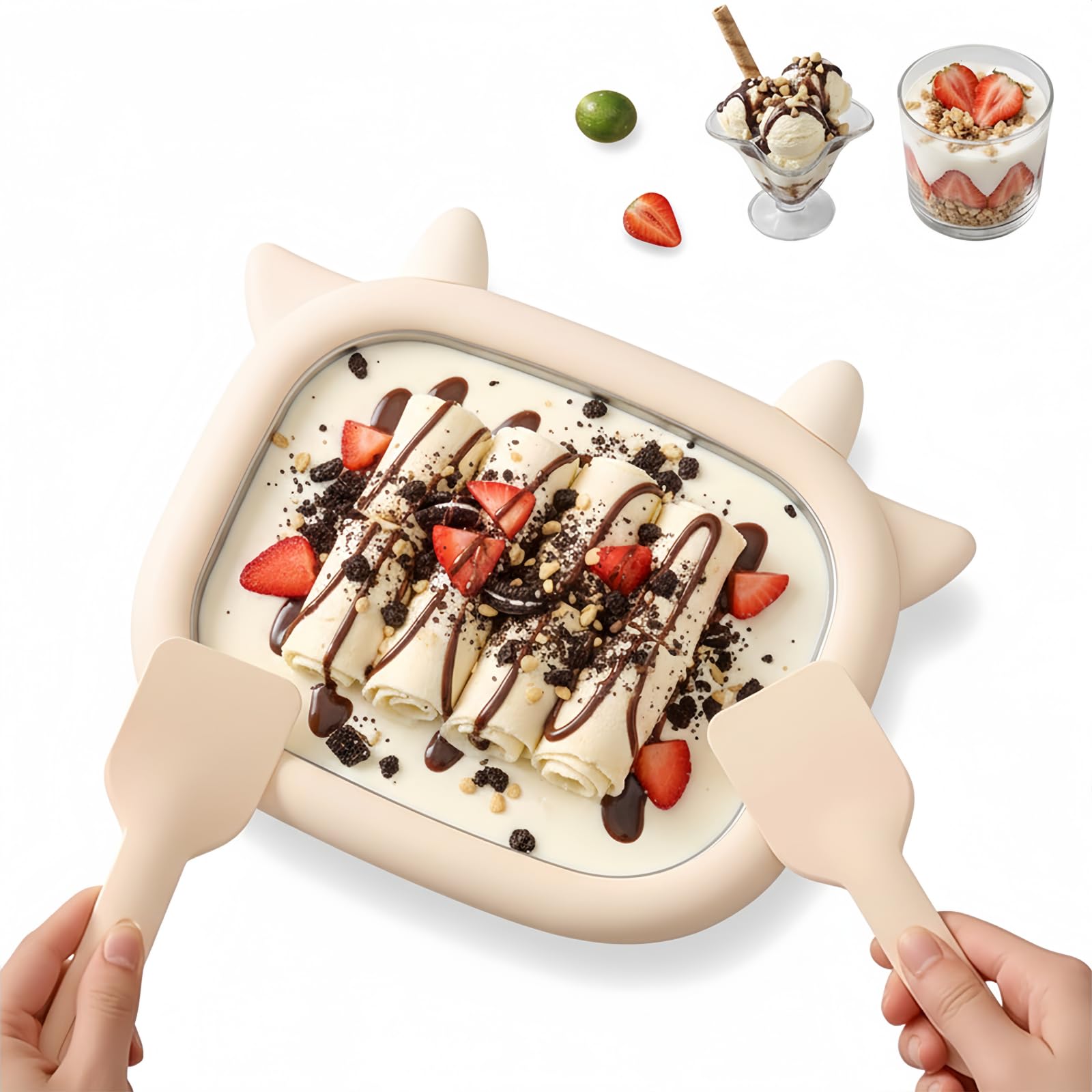 Rolled Ice Cream Maker Pan Instant Stainless Steel Ice Cream Roller Tray with 2 Spatulas DIY At-Home Rolled