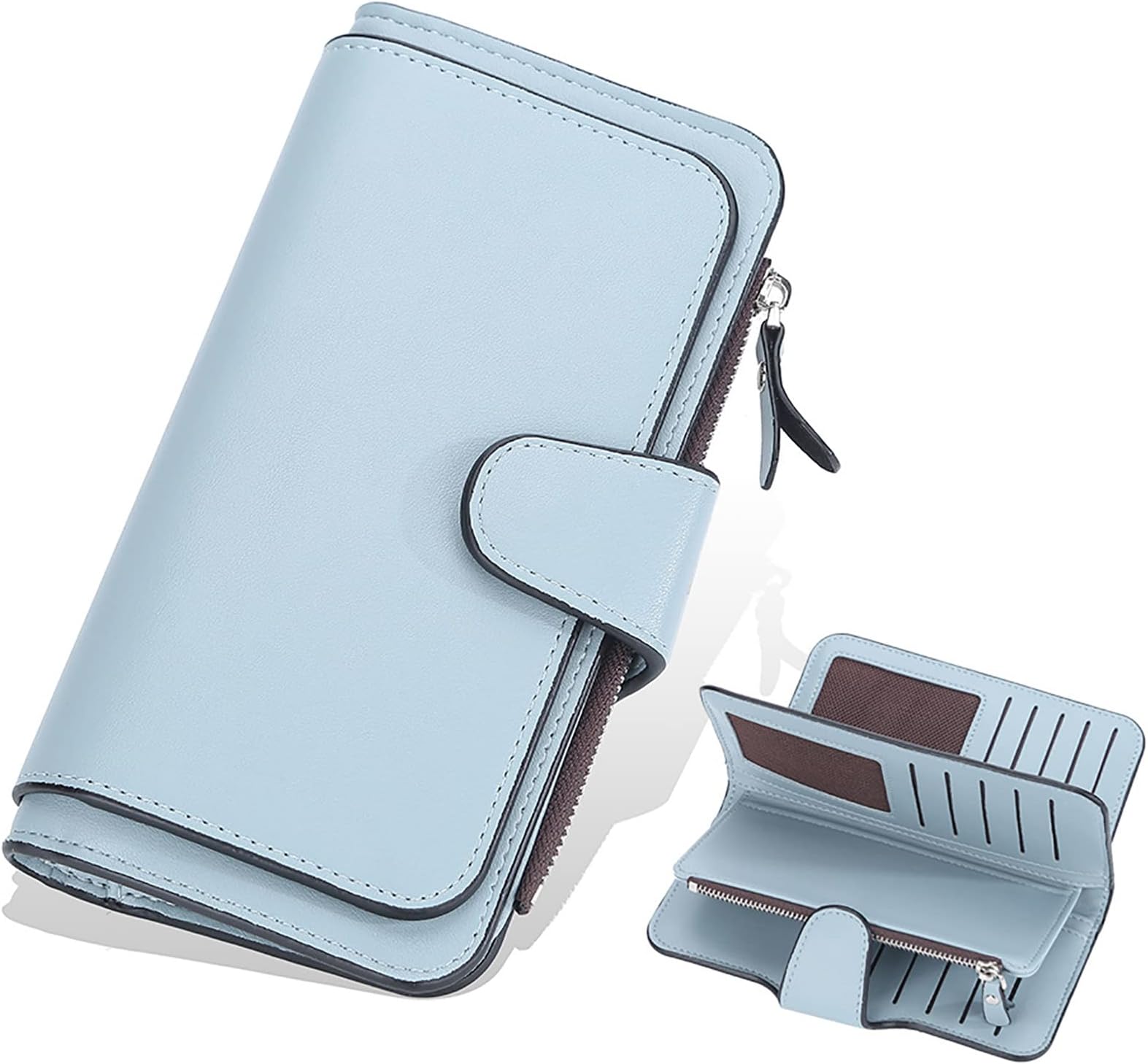 GenericLeather Women's Wallets with RFID Blocking,Long Wallet Zipper Buckle Multi-Card Slots Tri-Fold Coin Purse Unisex Mobile Phone Bag