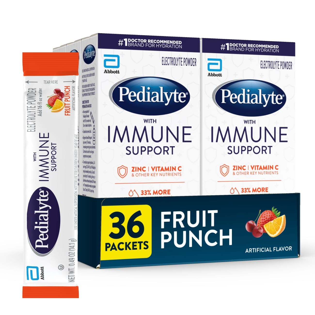 Pedialyte with Immune Support, 36 count, Electrolytes with Vitamin C and Zinc, Advanced Hydration with PreActiv Prebiotics, Fruit Punch, Electrolyte Drink Powder Packets