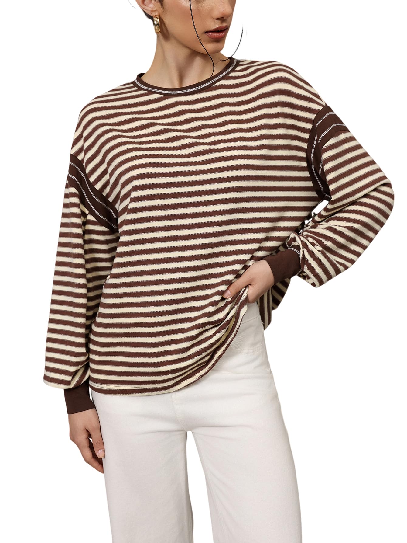 Milumia Women's Striped Long Sleeve Top Color Block Drop Shoulder Oversized T-Shirt