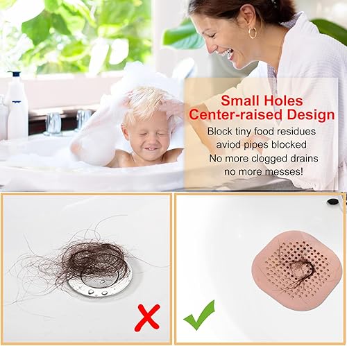 Miniatura 2 de Recolector de cabello cuadrado con ventosas para desagüe, tapón de silicona para ducha, fácil de instalar para baño, tina y cocina, 2 unidades (rosa)