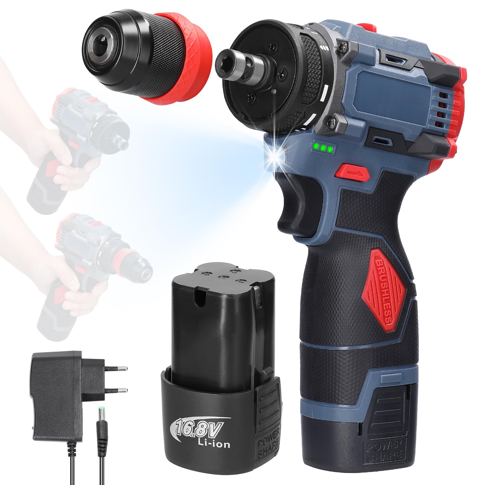 Taladro Atornillador, Weytoll 45 Nm Taladro de Litio de 16,8 V 2 en 1 con 2 Baterías de 1300 mAh Destornillador Eléctrico Motor sin Escobillas para Electrodomésticos Instalación de Muebles