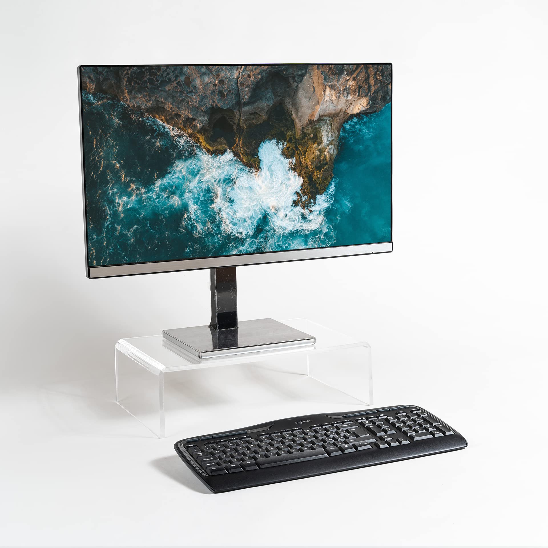 Organizer Spazio Lavoro Supporto Monitor AboveTEK In Acrilico | 2 Ripiani | 48x22x14cm | Trasparente Sottile Tastiera Ripiano Scrivania