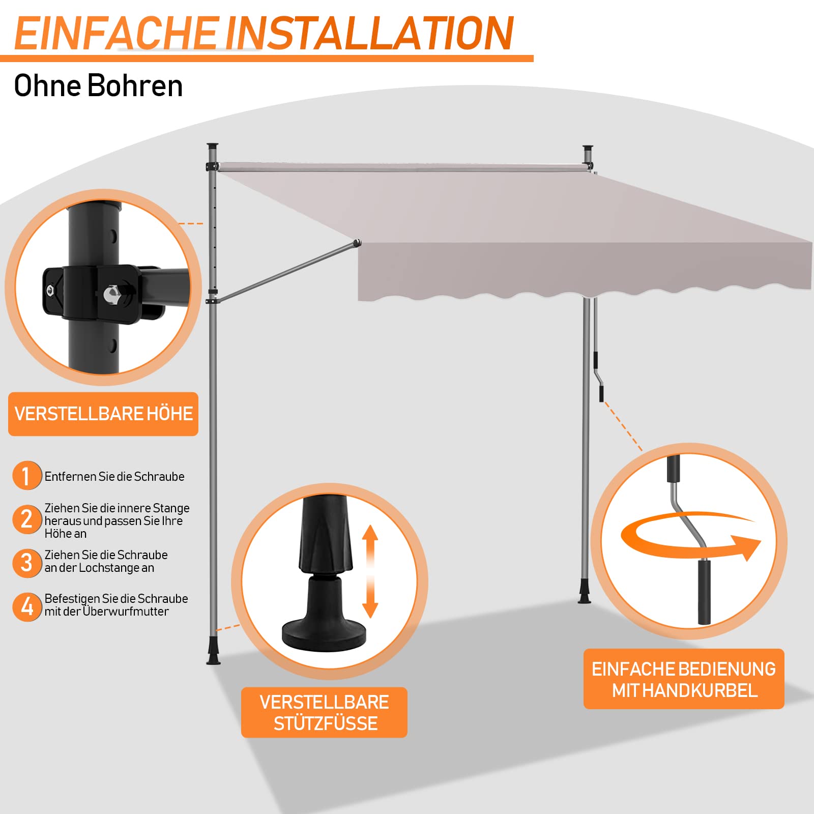 Fiqops Tenda da Sole 300x120cm, Tenda da Sole per Balcone, Regolabile in Altezza, Idrorepellente, Senza Forare, Beige