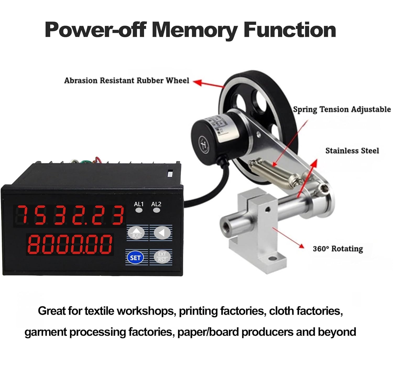 Digital Length Counter Single Measuring Wheel in Feet Inches Meter Yard, 0-999999 Length Counter for Yarn Fishing Line Wire Film Textile Paper, Dual Relay Outputs, Failure Memory Function