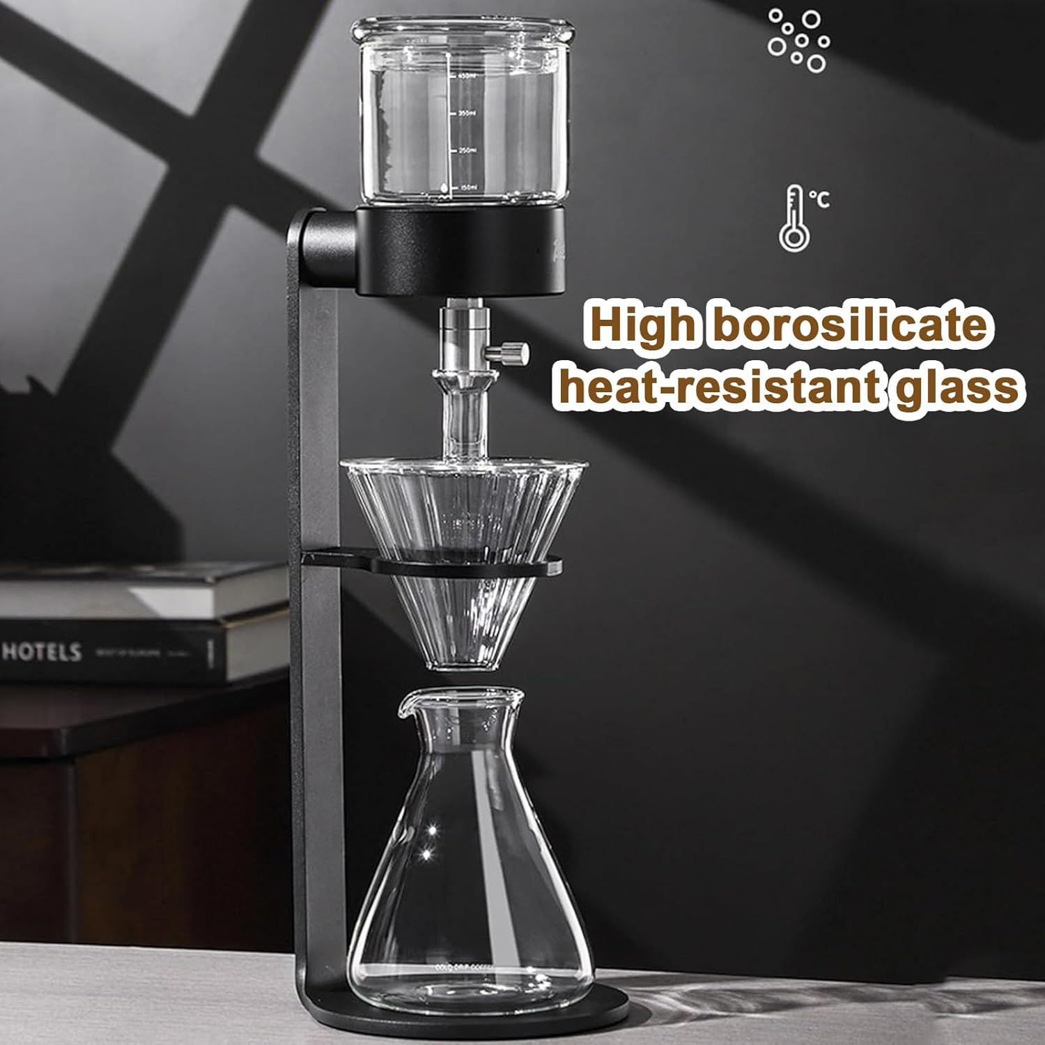Iced Drip Coffee Maker, Drip Cold Brew Coffee Maker, with Stainless Steel Adjustable Valve, 500ml Borosilicate Glass Pot, Makes 2-3 Cups, for Home Office Gifts