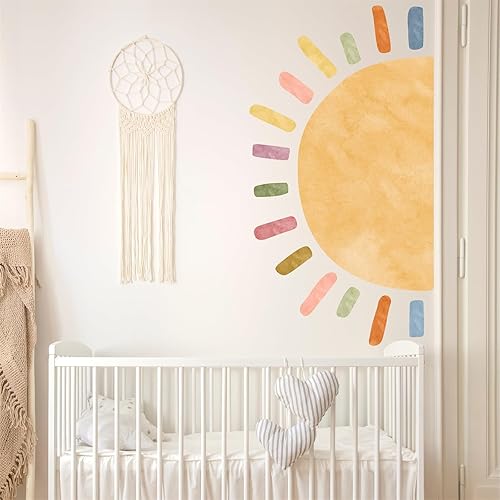 Miniatura 8 de Calcomanía de pared de acuarela grande con sol, diseño bohemio, para despegar y pegar, colorido arco iris, sol, calcomanías de pared extraíbles para