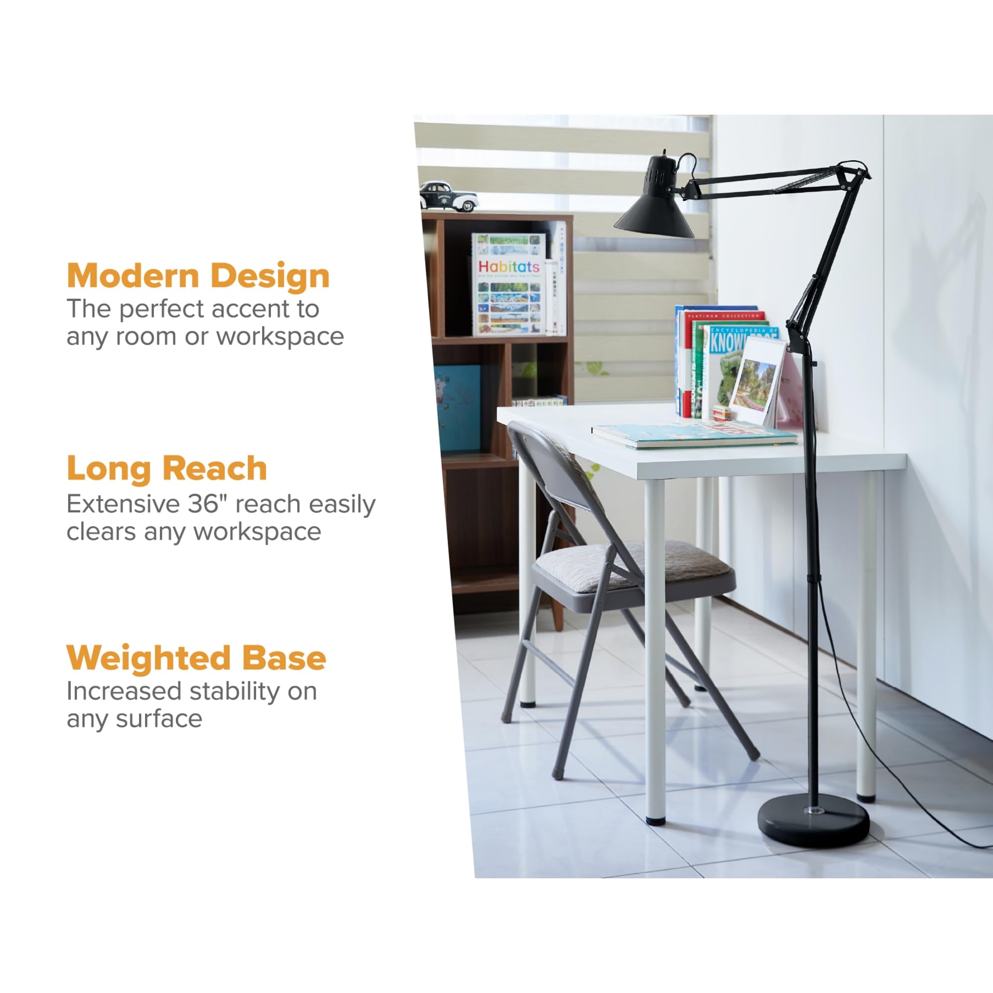 Office VLF100F - Lámpara de pie de metal con brazo oscilante, 72 pulgadas de alto con ajuste de juntas múltiples, incluye bombilla LED reemplazable (VLF), color negro 3
