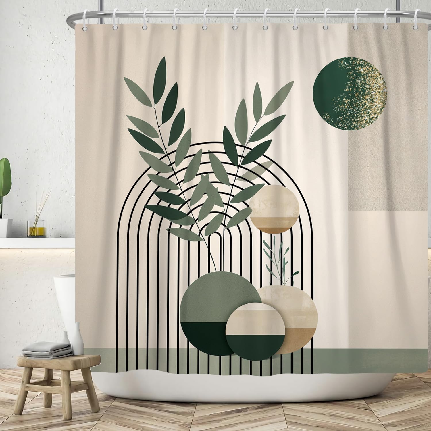 ASDCXZ Boho Shower Curtain 165x180 cm, Modern Abstract Art Boho Style Retro Sun Green Leaves Beige Bath Washable Shower Curtains Polyester Textile Waterproof Bath Curtain for Bathtub with 12 Hooks