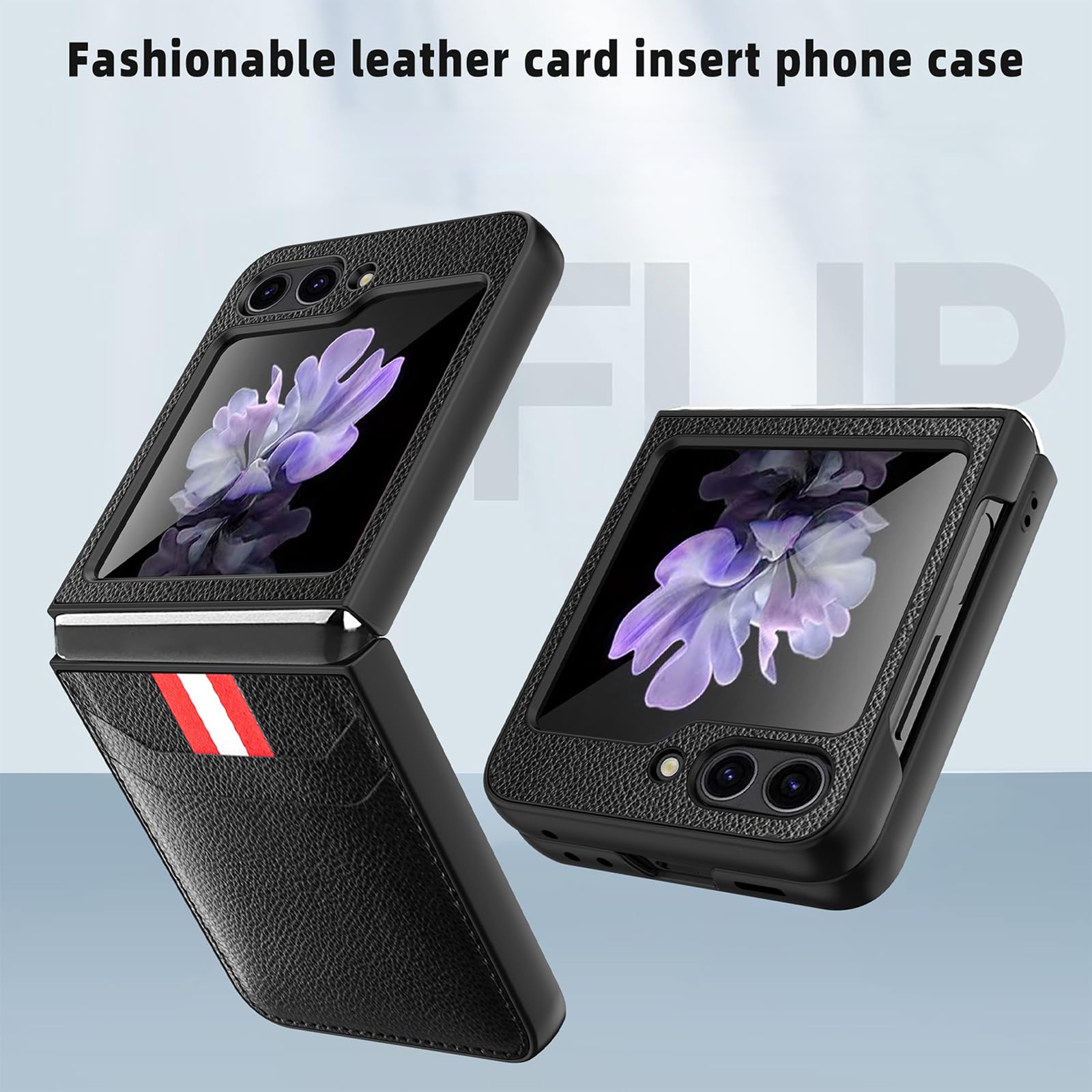 Etui portfelowe na telefon Samsung Galaxy Z Flip 6, skórzane etui o fakturze liczi, z przegródkami na karty, wąska folia obiektywu, odporna na wstrząsy, szare, z klapką 6