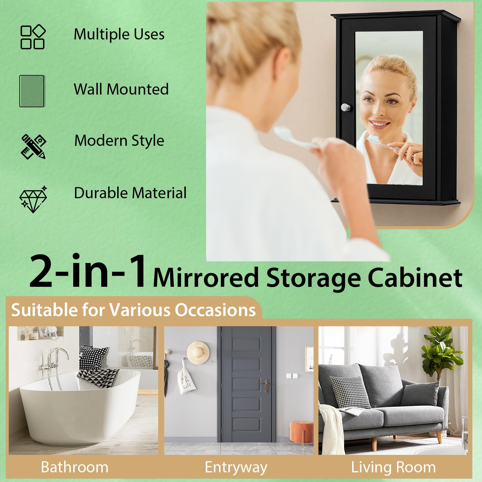 LIFEZEAL Mobiletto Bagno Salvaspazio con Specchio da Parete, Armadietto, Mobile, Amadio, Pensile Bagno Sospeso da Muro, Apertura Bidirezionale, con 2 Ripiani, Moderno, Salvaspazio, 34x15x53cm, Nero