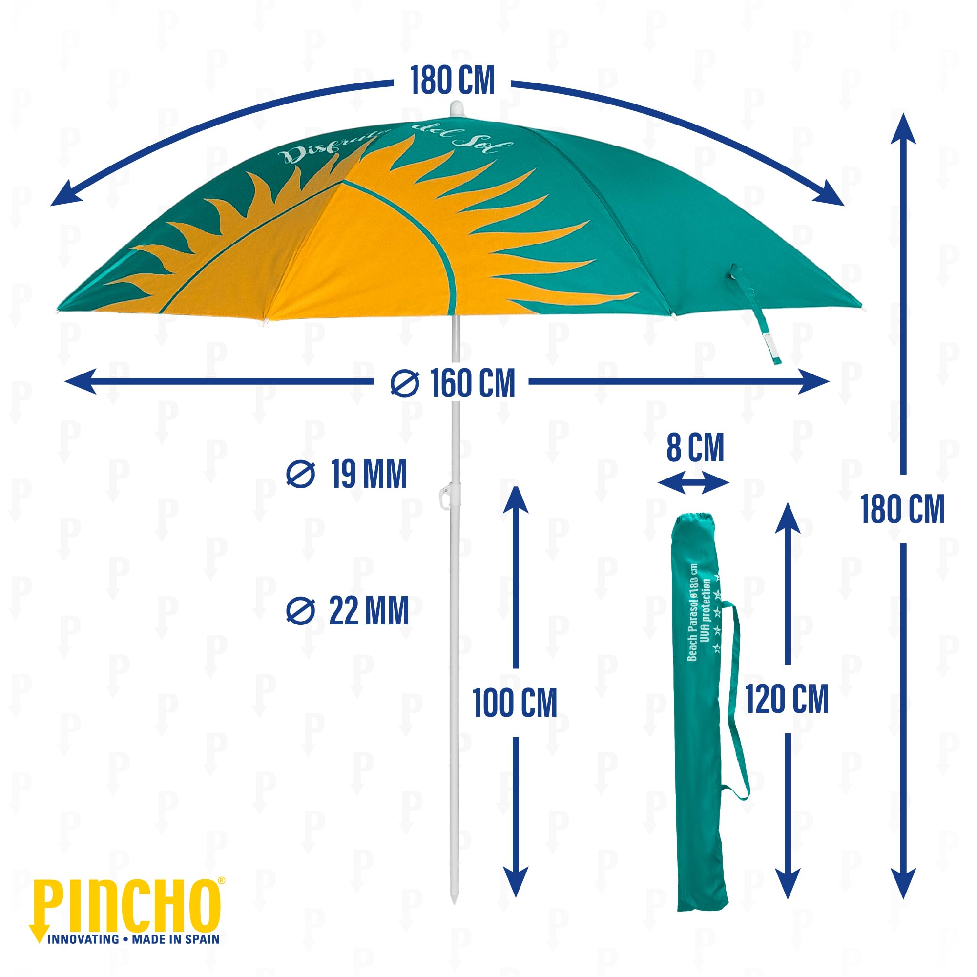 Pincho Parasol de plage en acier avec revêtement antirouille, 180 cm de diamètre. 8 baleines en acier. Facteur de protection solaire UPF 50+, Sol