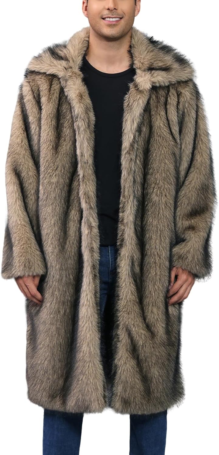 Mens Faux Fur Fluffy Coat Winter Long Jacket Warm Lapel Collar Shaggy Parka Overcoat