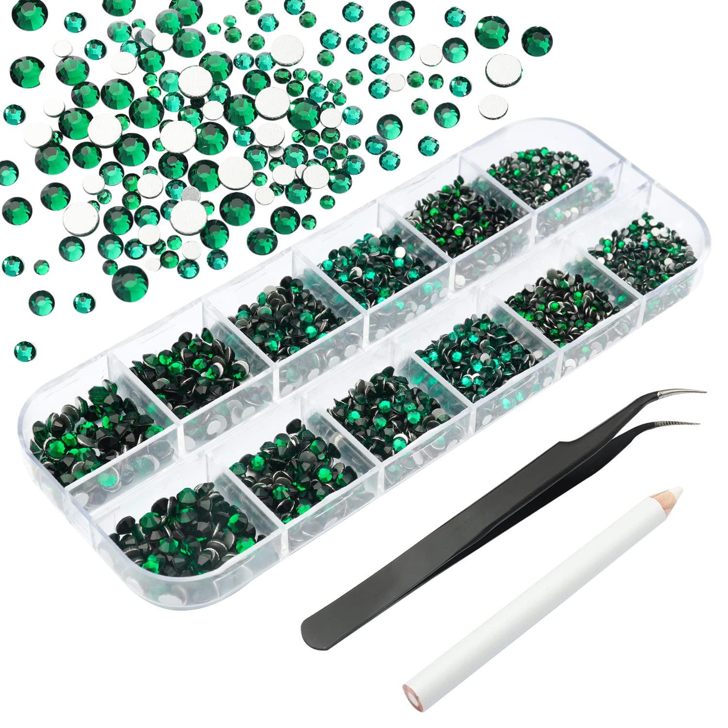BISHENGYF 3000 Pieces Flat Back Crystal Nail Art Rhinestones, Mixed Sizes Crystals Nails Gems Diamonds Kit with 1pcs Rhinestone Picker Dotting Pen and Pick Up Tweezers for Decoration 06, Green