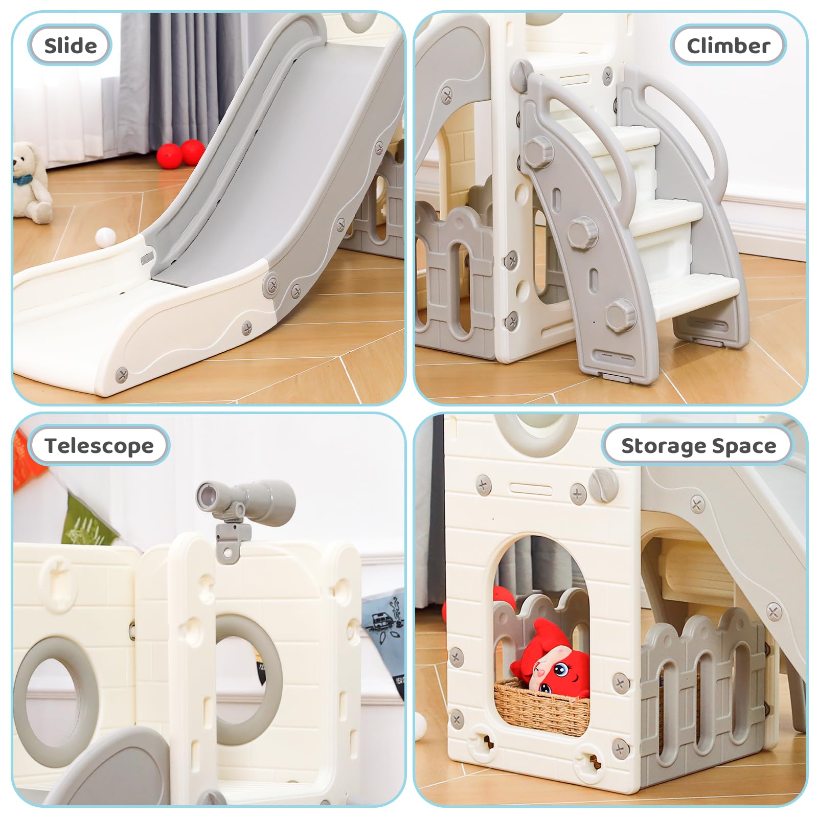Kinderrutsche, Indoor & Outdoor Rutsche ab 1 Jahre, Freistehende Rutsche mit Stauraum & Spielteleskope, Gartenrutsche, Kinder Spielplatz, mit 2PCS Moduls, Grau Weiß