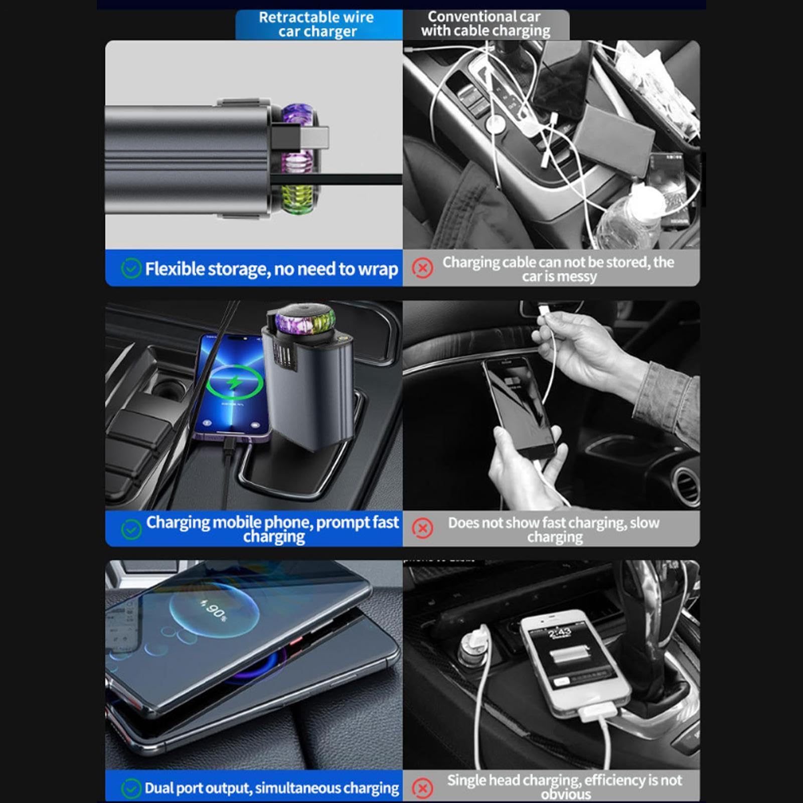Cargador de coche retráctil 5 en 1 | ABS + metal, 66 W, 12-24 V | Carga por cable súper rápida con spray de aroma y proyección | Cargador de teléfono multifunción D1 para vehículo