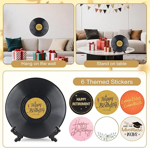 Miniatura 3 de 4 piezas de libro de invitados de disco de vinilo retro para fiestas, tablero de registro con 8 bolígrafos y 6 calcomanías decorativas, cumpleaños,