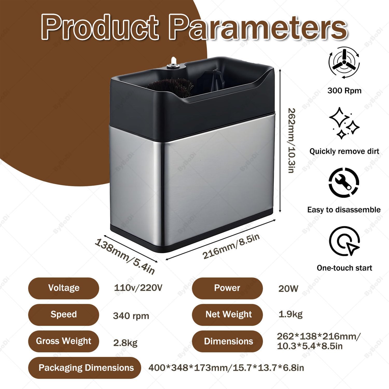 Pulitore per portafiltro elettrico, macchina automatica per la pulizia del portafiltro, con 3 raschietti e 2 testine per spazzole, 3 l, 300 giri/min per portafiltri da caffè da 51 mm e 58 mm Silver