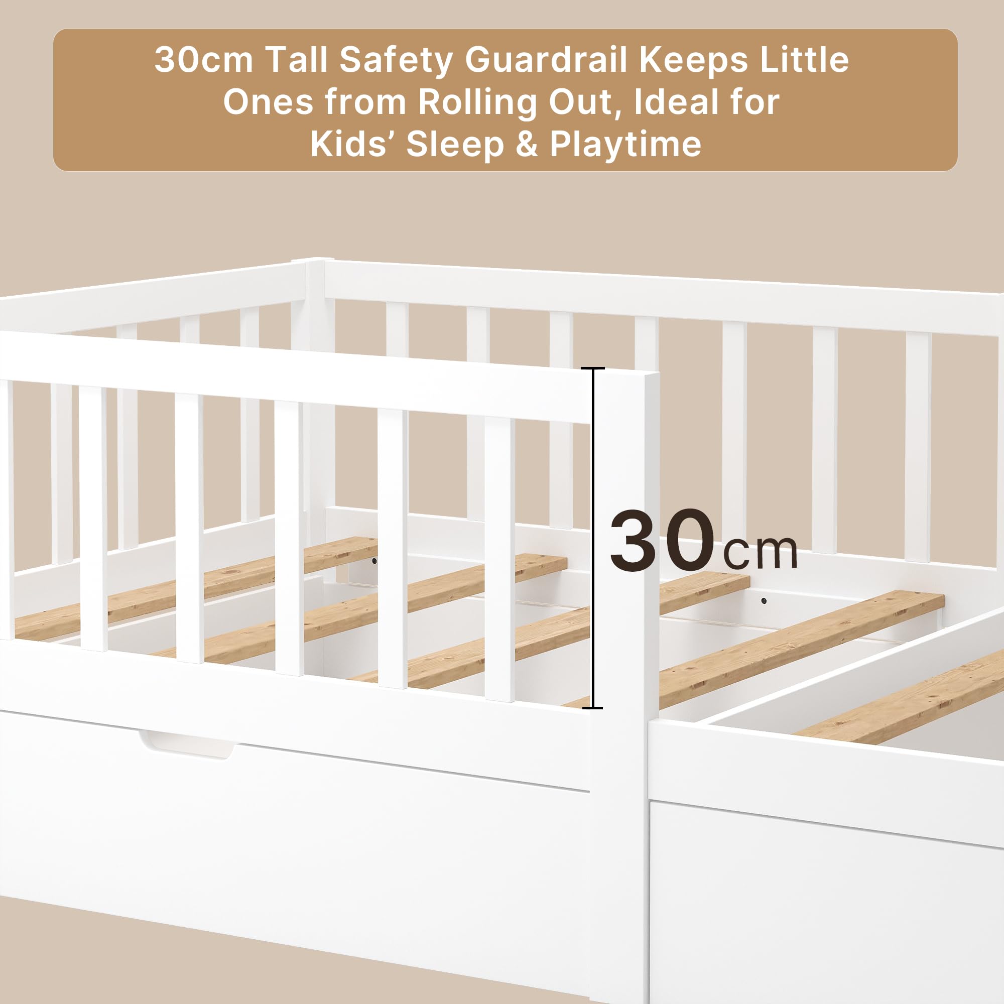 Xbro Letto per bambini 100×200 cm con cassetto, sponda anticaduta e rete a doghe, adatto anche per adolescenti, facile da montare, colore bianco