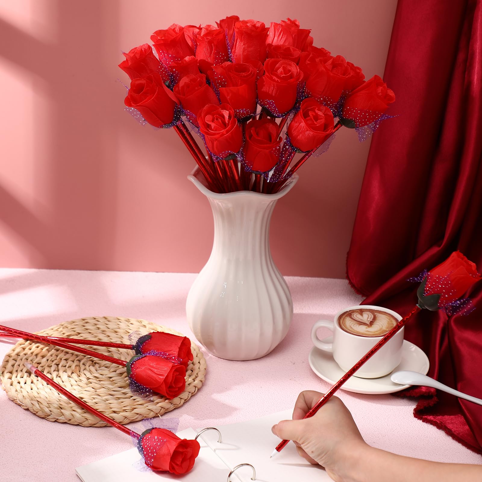 Teling Lot de 120 stylos à bille en forme de fleur de rose pour enfants et adultes - Fournitures de papeterie pour Saint-Valentin, mariage, anniversaire, Noël (rouge)
