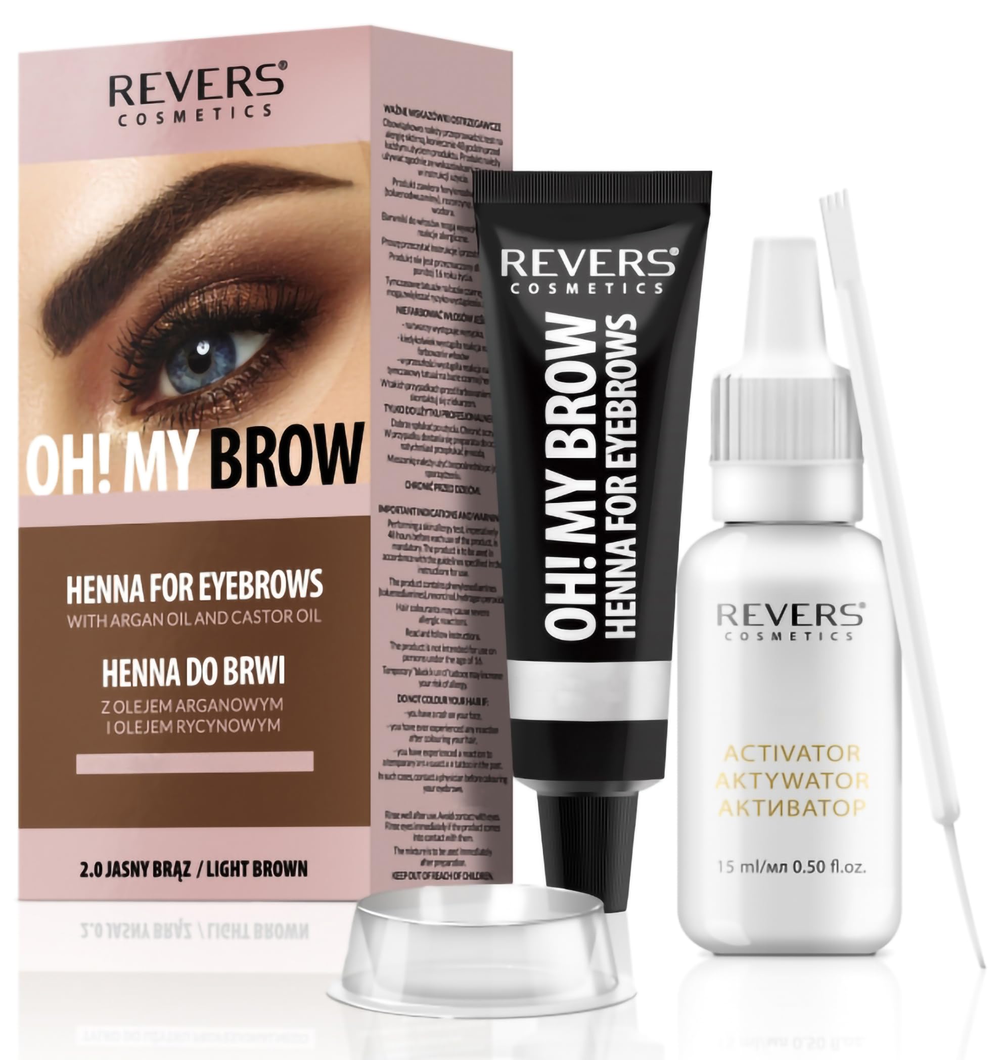 REVERS COSMETICS Tinta Sopracciglia Castano Chiaro, Formula con Olio di Argan e Olio di RIcino (Omega 6, Carotene, Vitamins A, E, F,) Risultato Naturale, Dura Fino a 4 Settimane, 15+ Applicazioni