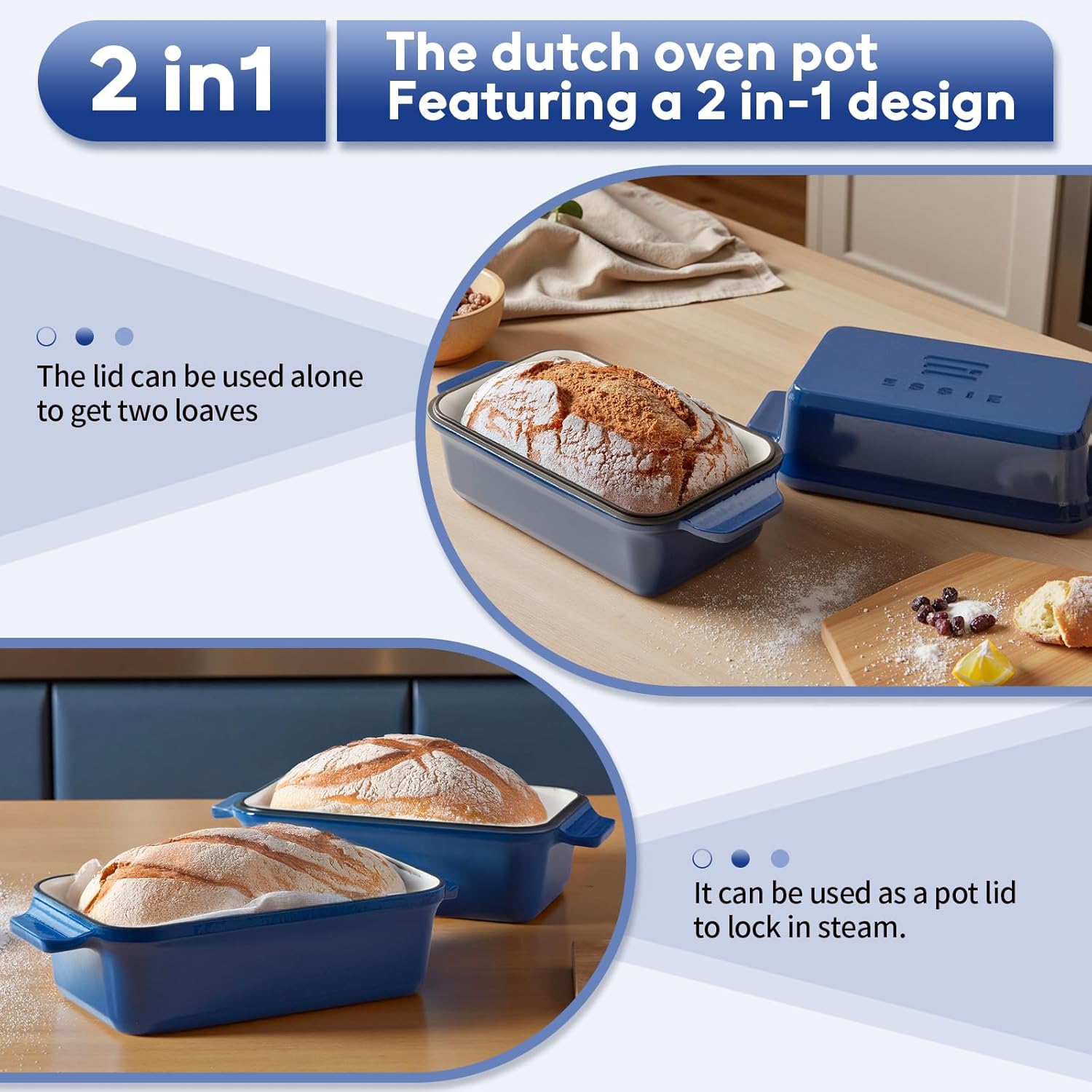Enameled Cast Iron Dutch Oven for Bread Baking, 9×5 Dutch Oven Pot with Lid, 2 in 1 Sourdough Bread Pans for Baking with Lid, Roasting & Braising, Easy Release, Oven & Induction Safe (4.2 QT,Blue)
