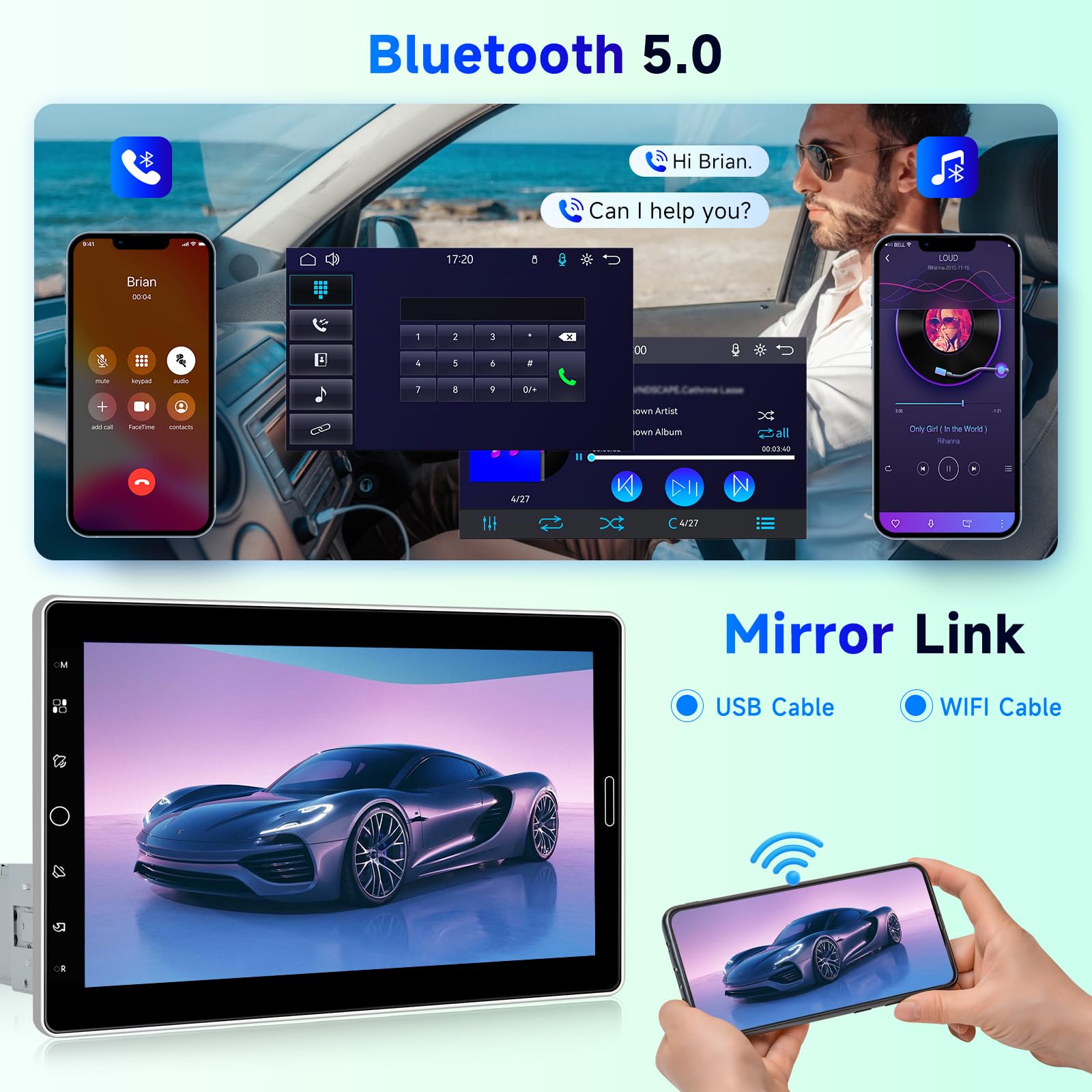 Radio de Coche 1 DIN Pantalla Táctil IPS 10,1" Giratoria Inalámbrica CarPlay Android Auto Bluetooth Am/FM/RDS Control Volante Ecualizador Mirror Link USB