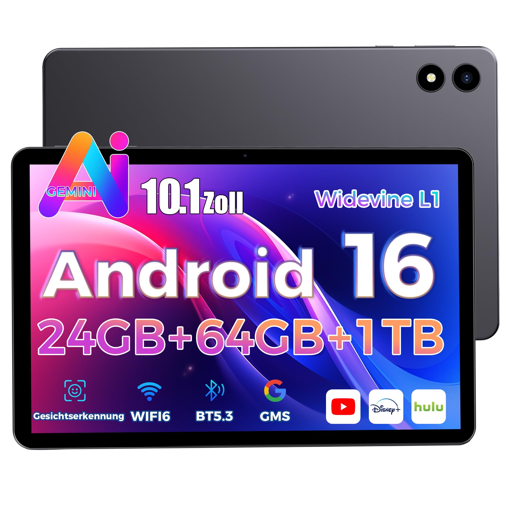 RebotAi 2026 Neuestes Tablet 10.1 Zoll Android 16 mit Gemini AI, 16GB RAM + 64GB ROM, GMS Widevine L1, WiFi 6 & BT 5.3, 6000mAh Dünn und leicht Tablet mit Gesichtserkennung