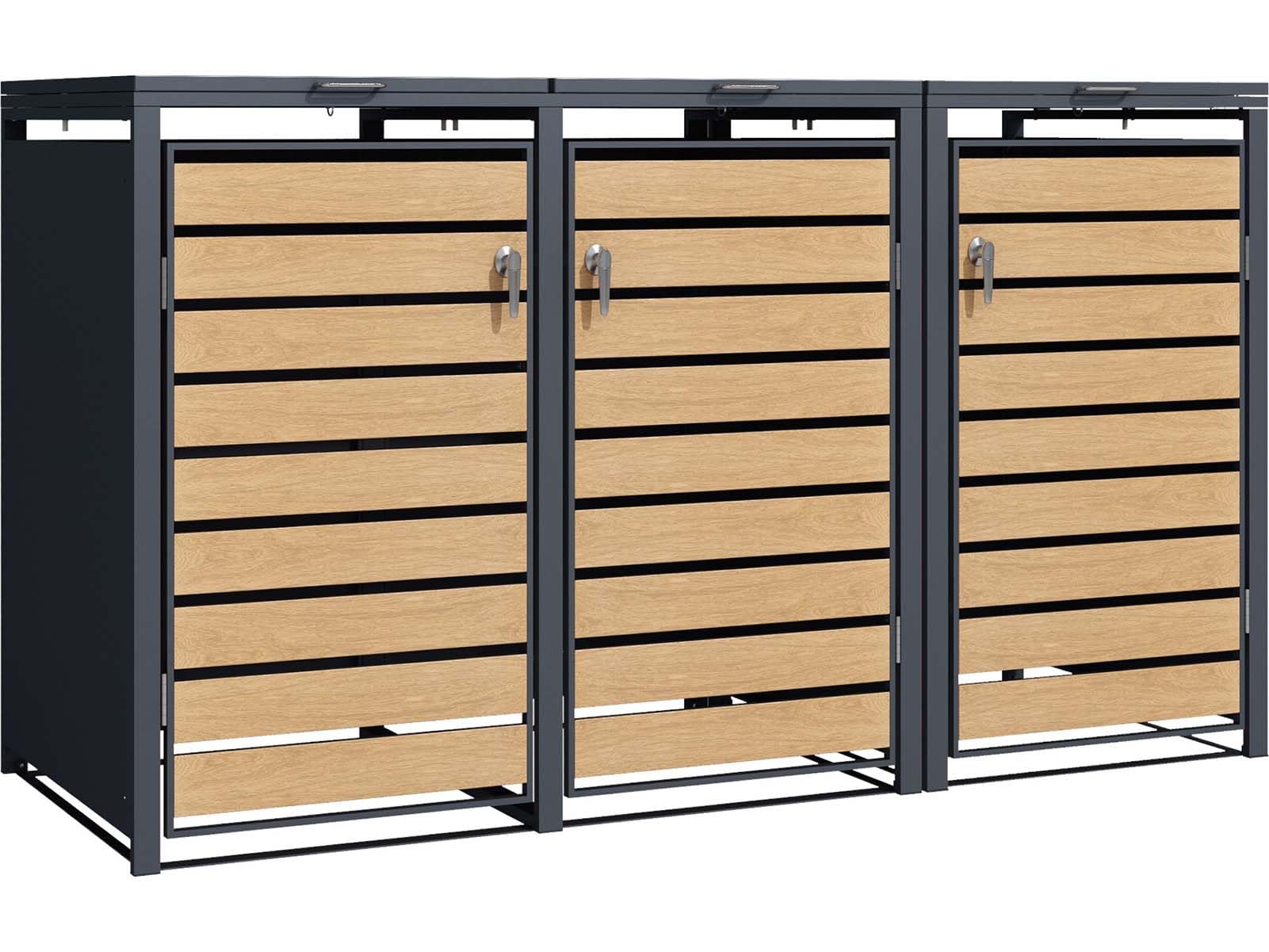 SCHARTEC® Mülltonnenbox 3er anthrazit mit Holz-Design erweiterbar 240l Mülltonnenverkleidung Mülltonnen Sichtschutz Unterstand