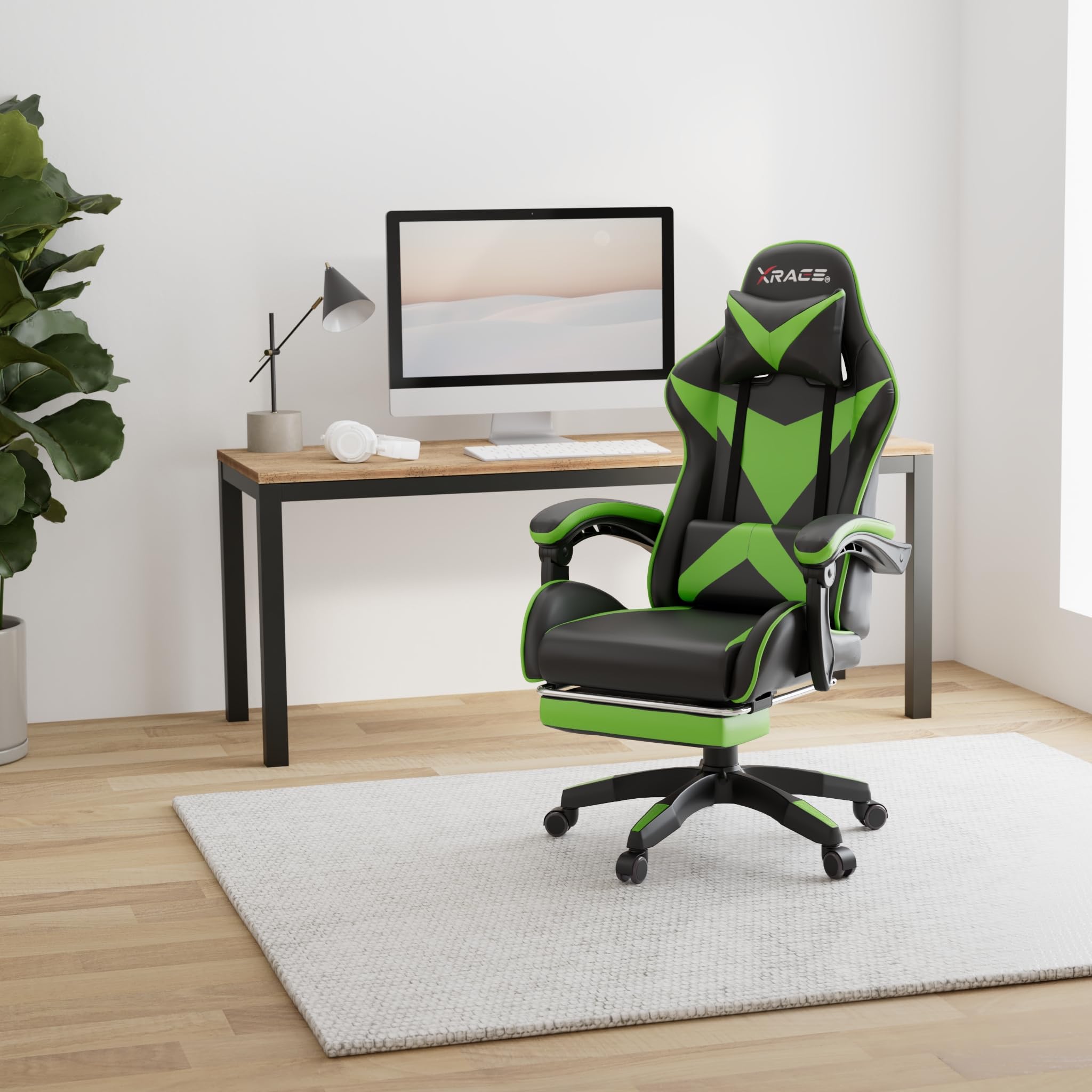 xRace Gaming Stuhl, ergonomischer Bürostuhl, PU-Leder, Lendenstütze Grün | Ergonomischer PC Stuhl mit Kopfstütze, Lendenkissen und pflegeleichtem Kunstlederbezug, höhenverstellbar und drehbar