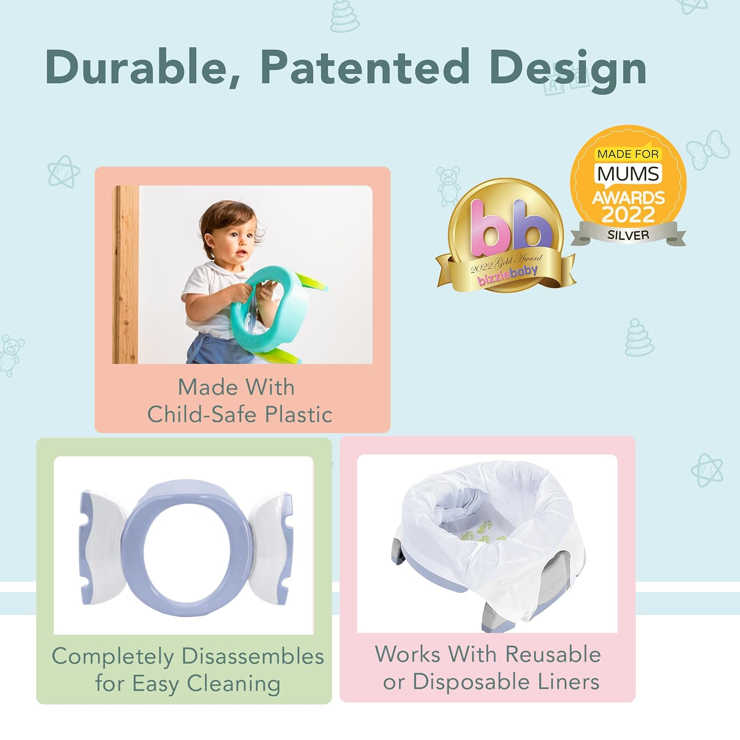 Kalencom Potette Plus 2-in-1 Travel Potty and Trainer Seat - Dual-Purpose Potty Training Toilet Seat - Portable Potty for Toddler Travel - With Durable, Lock-In Legs and Splash Guard - Misty