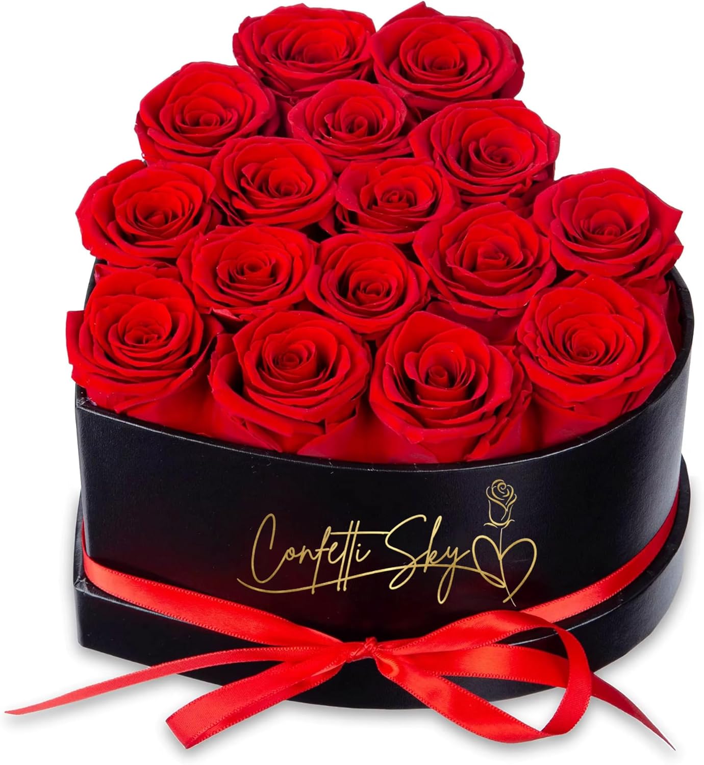 Confetti Sky 16 Forever Flowers Preserved Roses in Luxury Heart Box - Real Preserved Flowers Last 3 to 5 Years for Mom, Wife, Her, Anniversary, Birthday, Valentine’s Day, Mother's Day