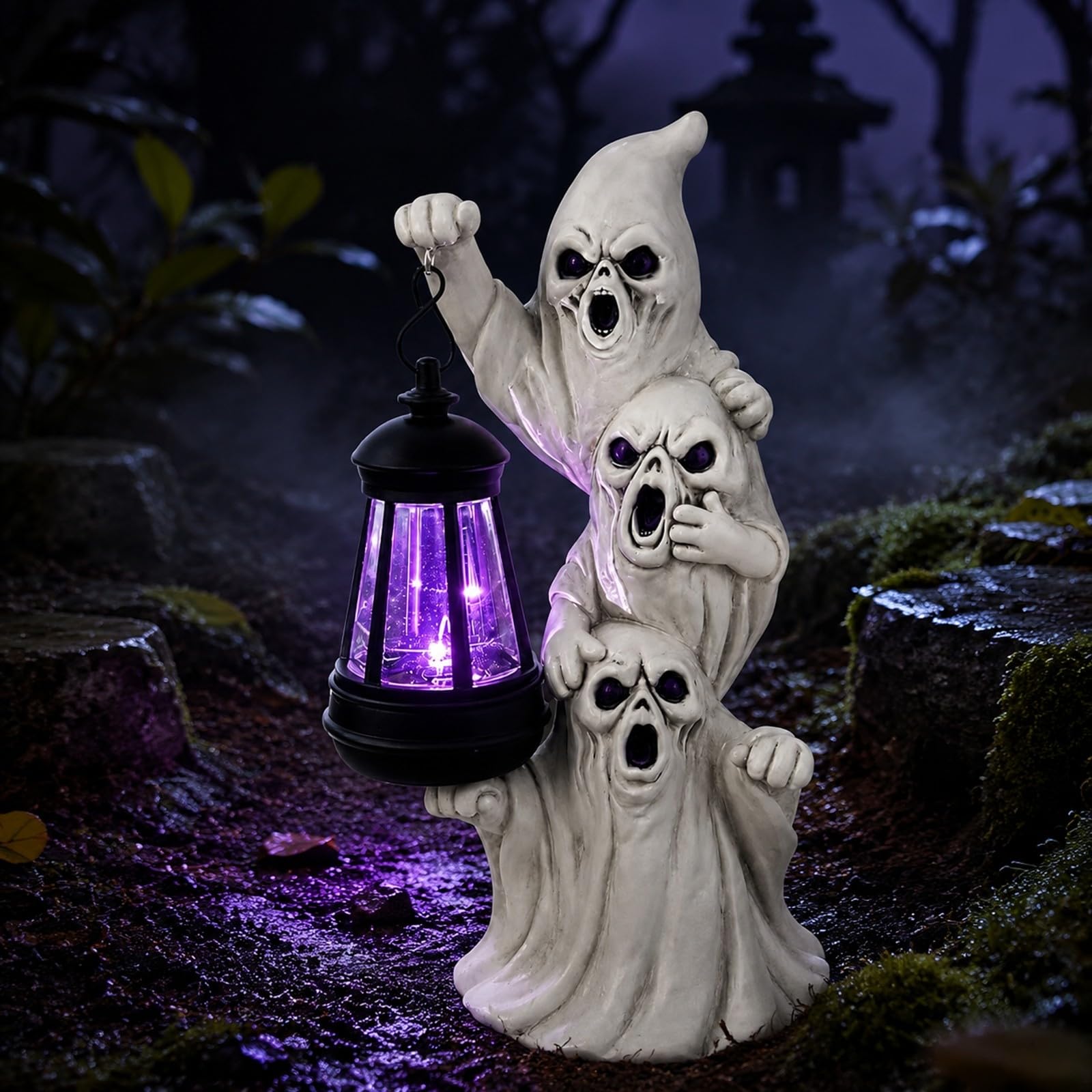 Statua di Fantasmi di Halloween in Resina Gotico Statua in Resina con Lanterna Solare Ideale Come Regalo Scultura per Tavolo, Giardino