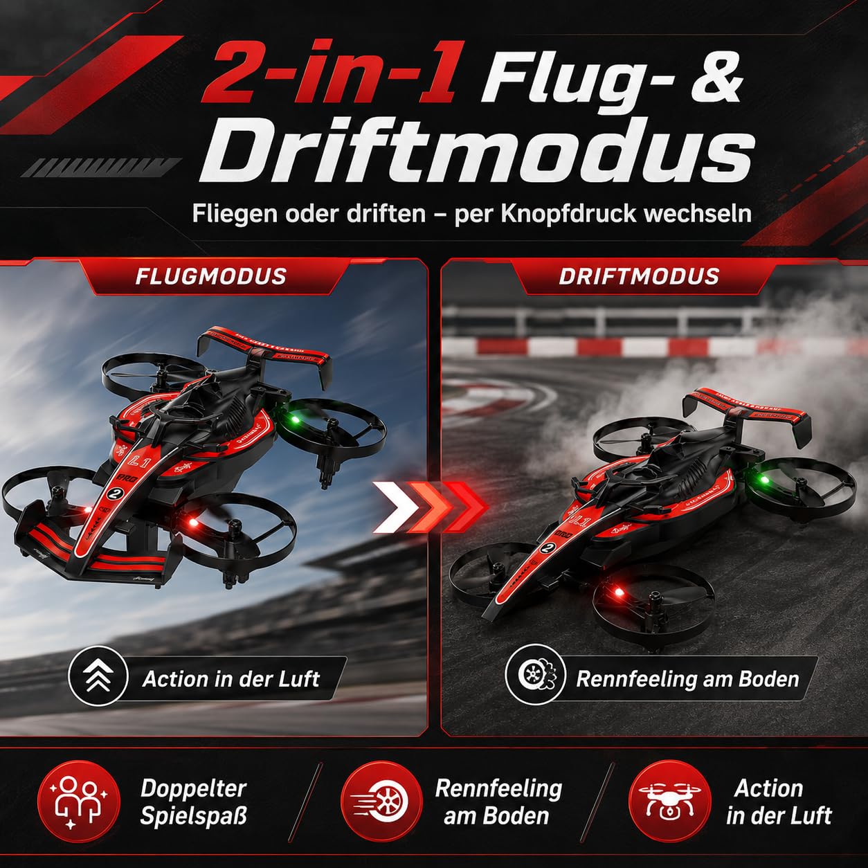 RC Flugauto 2 in 1, Fliegendes Auto mit Fernsteuerung, RC Drone Auto mit LED Beleuchtung, Drift Car & Quadrocopter, 2,4 GHz, Headless Mode, EIN-Tasten-Start, 2 Akkus, Kinder (Rot)